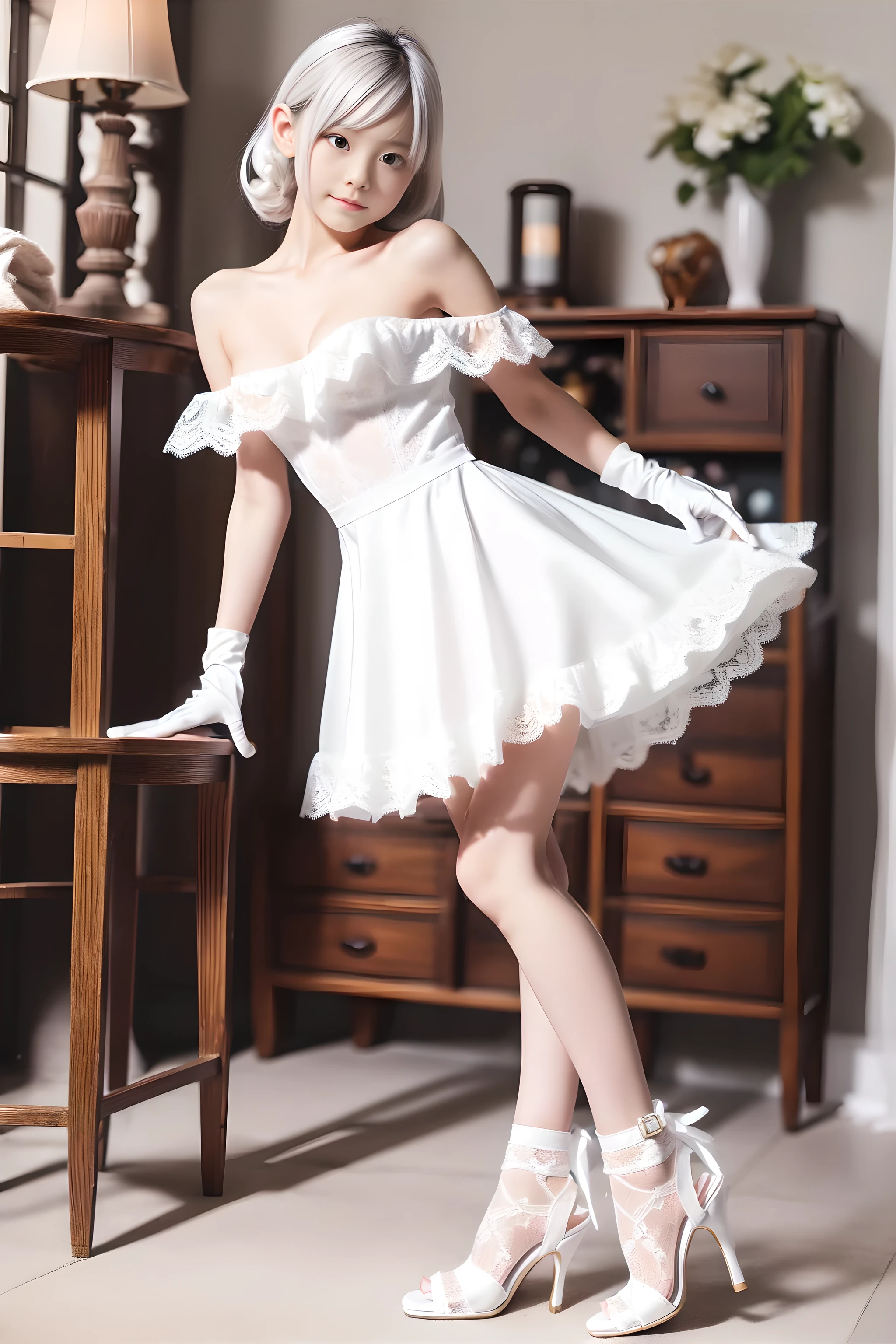 (hight resolution、hightquality、hightquality、High-resolution face drawing、Single Female、独奏))、((very Bigger breasts:1.3))、cleavage of the breast,Perfect Angle、Professional quality、perfect contrast、Perfect litthing、perfect-composition、perfect Waifu、flawless skin、perfect hand、Perfect fingers、perfect chest、perfect hair、face perfect、A masterpiece with realistic facial features、long neck、Protruding ears、Princess Cut、a short bob、Clean teeth、(legs are long,、二重まぶた,The eye、It's a bit wide、Quite an adult supermodel)、Bangs are a beautiful short bob cut、short beautiful hair with bangs,,,,,,,,,、long neck、a small face、Beautiful collarbone、Light reflected in the eyes、face perfect、Perfect body、Perfect fingers、perfect arms、perfect hand、Symmetrical and very beautiful face、Golden Ratio Beauty Face、looking straight at camera:1.4、perfect anatomia、27yo、adult appeal、cute little、spotless、A smile、Perfect Lovely Wife、A masterpiece of realistic facial features、lipgloss、long neck、Nice collarbone、Nice cleavage、Nice teeth、Fingers on cheeks、10 head body、Beautiful poses、Super Real 8K、thick thight、thin ankles、dense background、depth of fields、realisitic:1.3、longshot、((short and white skirt、Snow White Prom Dresses、wedding veil、Back ribbon、Pagoda Sleep、Train、Long Globe:1.7))、((Very thin white pantyhose: 1.7))、beauty legs、((Panties under pantyhose,highleg: 1.7))、Foot size 22.5cm、thin and beautiful toes、((You are in front of the chapel:1.4)),Facing the viewer、Sexy Bride, ((sitting down on the floor))、((foot up:1.4)),