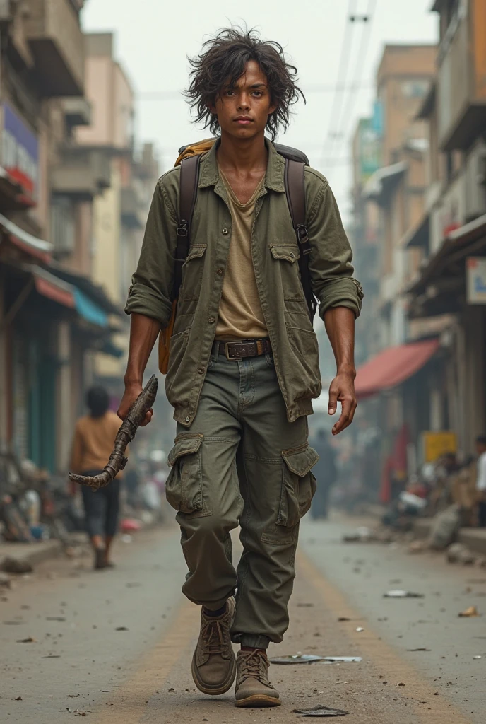 deddyfebriyadi, image depicting the favela, boy with a gun (ak47), shirtless boy, with scar, full body image, (extremely detailed CG unit 8K wallpaper, Artwork, best quality, ultra-detailed, hdr:1.2), in flip-flops, houses underneath one another, brick, mud floor, scar on the leg, house hallway.