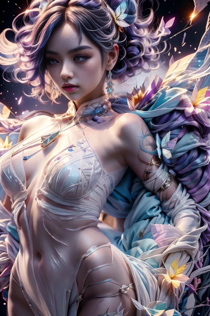 Comic Strip,Manga style,Cartoon split,Starry Sky,Translucent Spiritual Alien,Medium shot scenes,Like the whole body, Highly detailed surreal VFX,OC Rendering,(inflammation/butterfly/I am naked,Dynamic Scene:1.3),Ridiculous Resources, High resolution, (Official Art, Beautiful and beautiful:1.2), (Shortsighted:1.15), (1 girl with big , Blue Hair, Medium Hair, blue eyes, Shining eyes, White long skirt, Blue ruffles,:1.2) blue sky, Sparkling Galaxy, (Unisalt Flats:1.2), (Fractal Art:0.8), water effects, Ripple effects, (Flower effect: 0.65), Light effects
