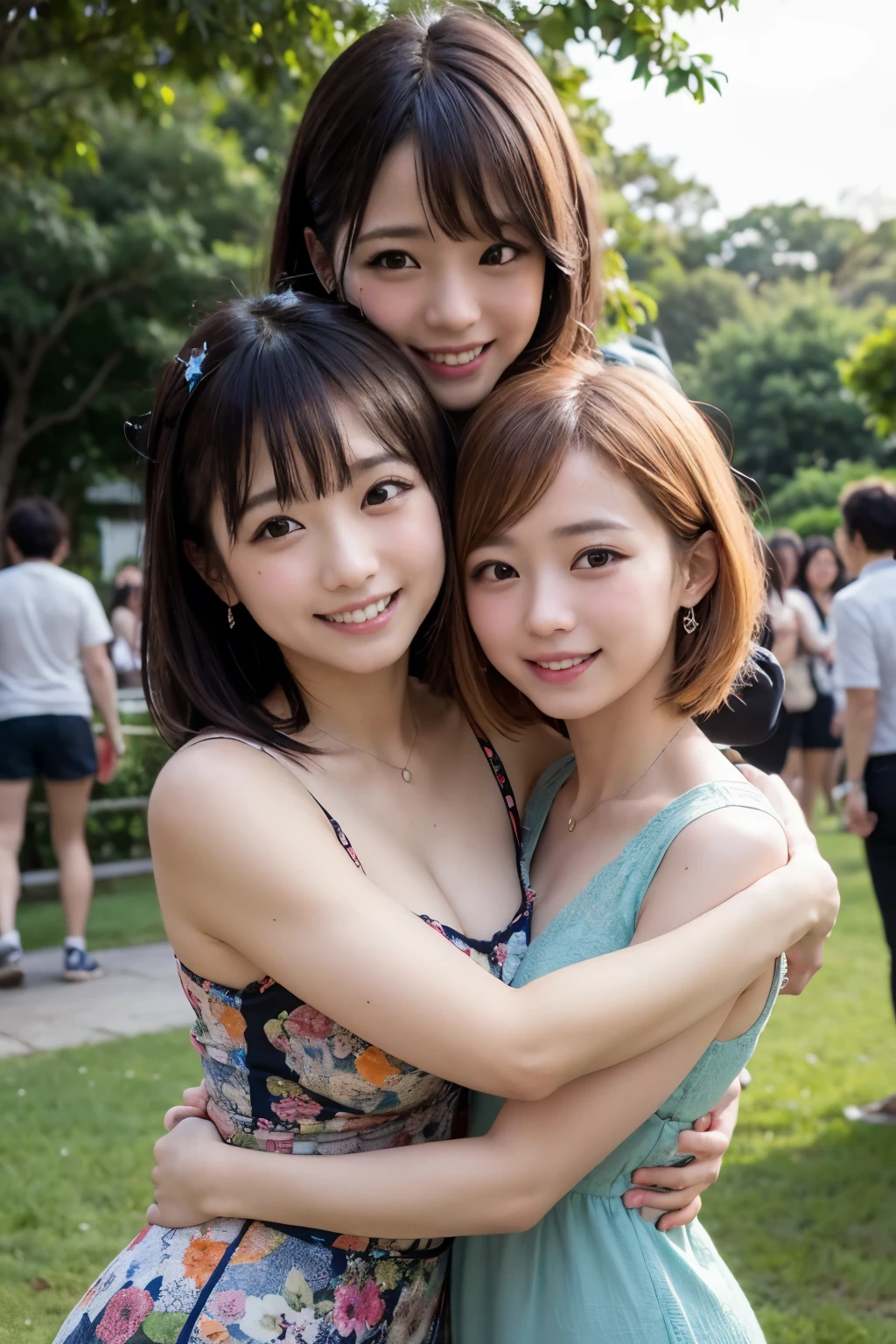 Best-quality, Masterpiece, Ultra-High-Resolution, (Photorealistic:1.4), Raw-Photo, Extremely-Details, Perfect-Anatomies, (3-girls), 18-years-old and the most popular Japanese idol, 38-years-old and the most popular Japanese actress, 28-years-old and the most popular Japanese model, (all having a lot of fun at outdoor-drinking-party, wearing summer-clothes), all sitting on each camping-chair, all different faces, extremely cute face like the most popular Japanese idol, extremely beautiful face like the most popular Japanese actress, extremely pretty face like the most popular Japanese model, all extremely beautiful eyes, all extremely beautiful and each different colored hair, all extremely beautiful skins, all extremely beautiful bodies