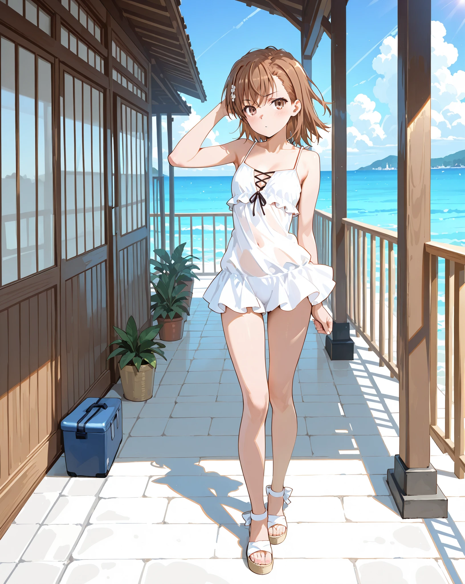 misaka_mikoto, Alone, Solo, (Illustration: 1.1), (Best Quality), (Masterpiece: 1.1), (Beautiful and Crisp Background: 1.25), (Highly Detailed CG Unity 8k Wallpaper: 1.1), (Colorful: 0.9), (Depth of Field: 0.75), (Ink Splatter: 0.95), (Color Splash: 0.85), (Watercolor: 0.65), :d, Beautiful Long leg, slim body, full body, bare foot, bare arms, bare shoulders, standing, model figure, (micro bikini: 1.4), seductive and sexy, NSFW