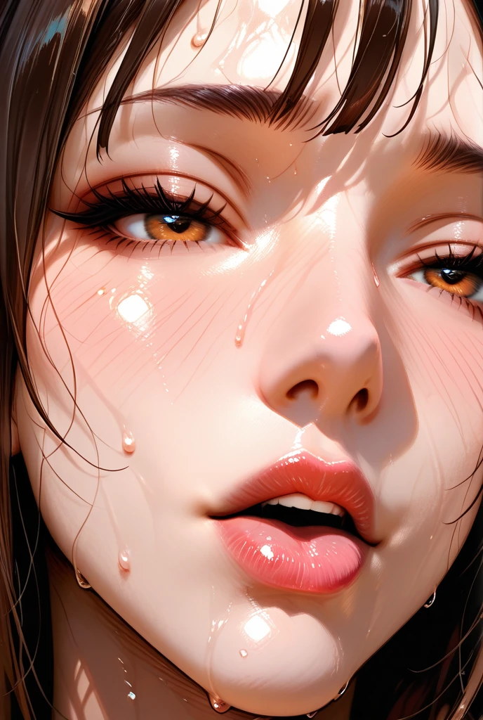 best quality, ultra high res, (photorealistic:1.4), 8k resolution, girl, (brown random hair:1.3), (realistic hair:1.2), (Korean girl:1.2), (realistic eyes:1.2), (beauty face:1.3), perfect body, white pale skin, big breast, cleavage, (mouth and tongue open:1.2), (top angle:1.3), (wet thong:1.2),
