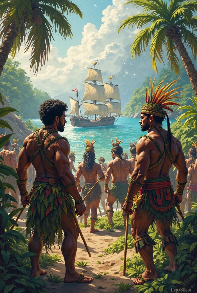 Scene coast of Africa, during the 18th Centurie. A group of African fighters with dreadlocks, Watercolor, trending on artstation, sharp focus, studio photo, intricate details, highly detailed, by greg rutkowski, Watercolor, trending on artstation, sharp focus, studio photo, intricate details, highly detailed, by greg rutkowski, Watercolor, trending on artstation, sharp focus, studio photo, intricate details, highly detailed, by greg rutkowski