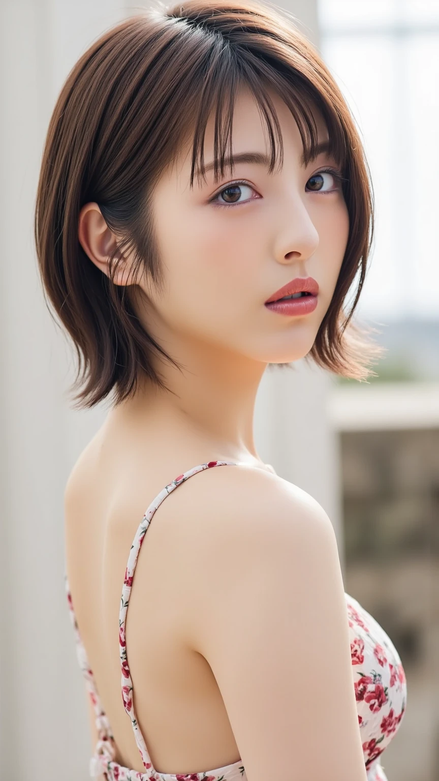 ((​masterpiece))、((top-quality))、a picture、Realisticity、high-level image quality、Advanced depth of field、ultra-detailliert、Realistic lighting、Morning、married woman、age 40s、Delicate facial features、short-hair、Sweating、Realistic backgrounds and accessories、large full breasts、Sexy smile、Serious gaze、Sexy lips、Embarrassed look、swim wear、