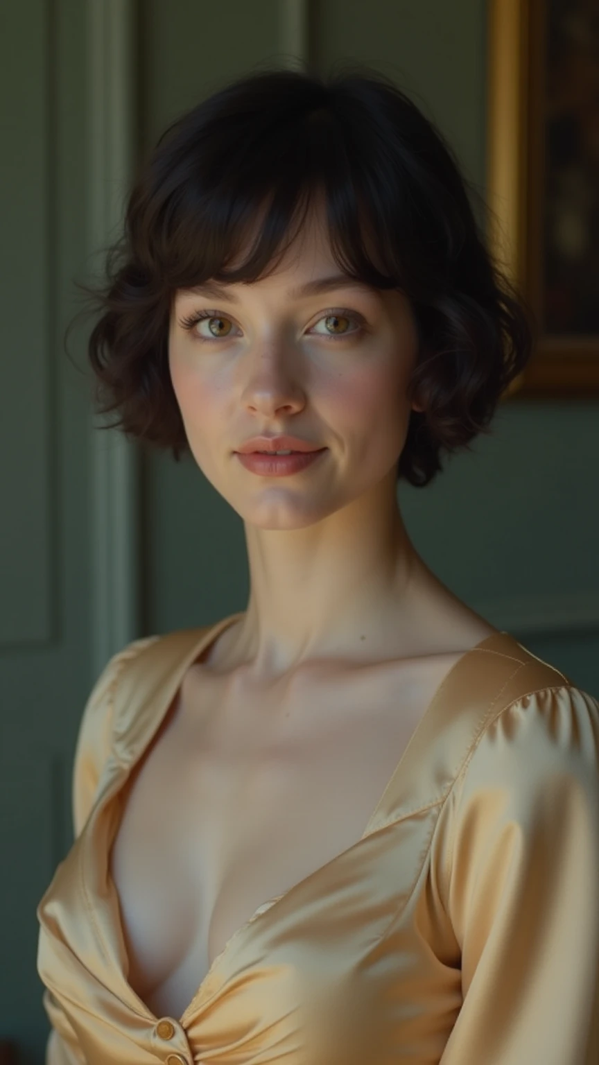 (realistic), (hyperrealism), (photorealistic:1.4), best quality, masterpiece, xanya, 1girl, makeup, detailed eyes, detailed face, looking at the viewer, short brown hair, (upper body:1.2), white dress, at the living room, playing chess, <lora:xanya:1>