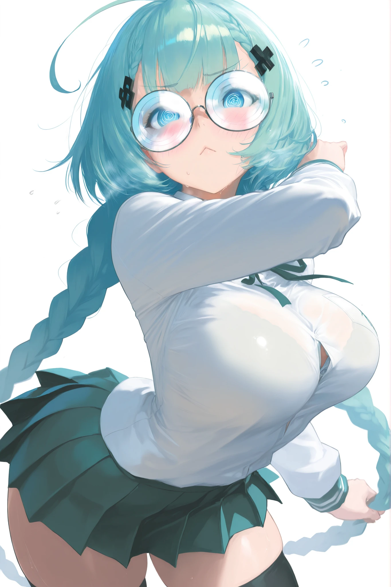 highest quality,wonderful,finely,extremely detailed CG Unity 8K wallpaper, (1 girl, blue eyes), ((largest breast)),(huge breasts:1.2), (black school swimsuit:1.3), (bare shoulders:1.1), (clavicle:1.1), (semen:1.2), (:1.5),(sperm:1.2), (zettai ryouiki:1.2),(constriction:1.2), (Are squatting:1.2),(Nipples),(Nipples visible), ((cum,sperm,semen)),(((cum on face))),((ejaculation semen)),((ejaculation cum)),(((bukkake))),waterfall braid hair,arms up,armpit,locker room,(((cum on body))),(((sukumizu))),Glasses,