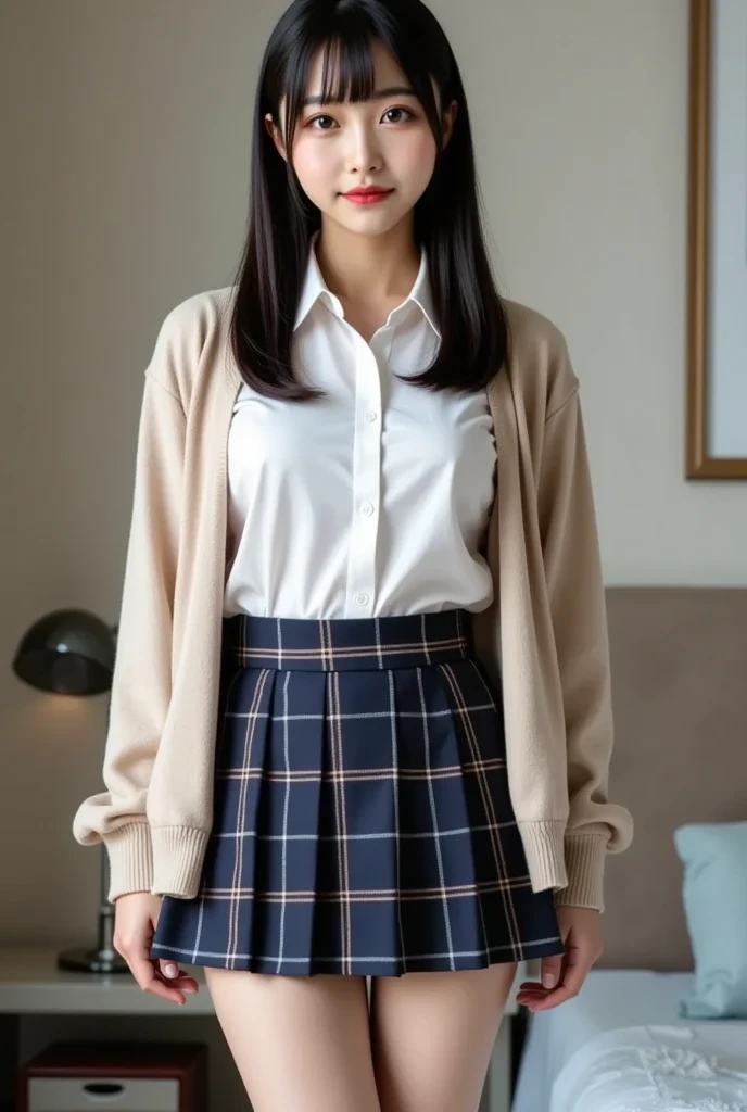 (((masterpiece))), (one beautiful japanese girl, classmate, innocence,cute) ,超A high resolution, realistic, Super detailed, 8K,highest quality, very detailed, detailed background,thin,very beautiful japanese girl, detailed face:1.3), (brown hair), (short bob hair), (baby face,cute系,adorable 14 year old girl), (perfect body:1.1), (brown blazer, light brown pleated mini skirt), provocative smile,show me your beautiful teeth,超detailed face、lip details、detailed eye、small gravure idol,transparent skin、,A Japanese high school with a school emblem on its chest、sexy pose,Please pay attention to your butt,Please think back,((the skirt is rolled up))、((Low-rise high-leg panties with a blue and white striped pattern are visible.))