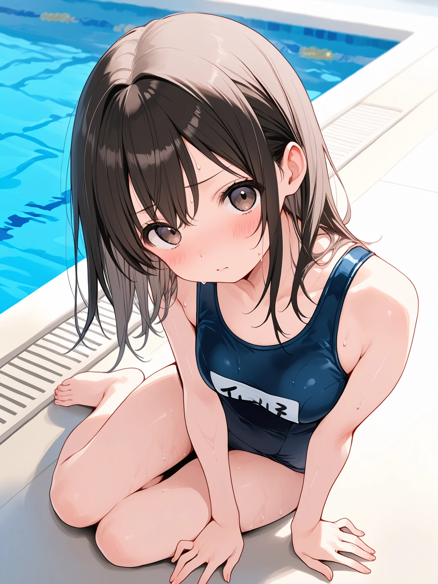 Competitive swimsuit、Wet、small titb cut、A darK-haired、、red blush、Teary-eyed、Shyness、in poolside、open one's legs、Squatting、cunt、Female genitals、pissing