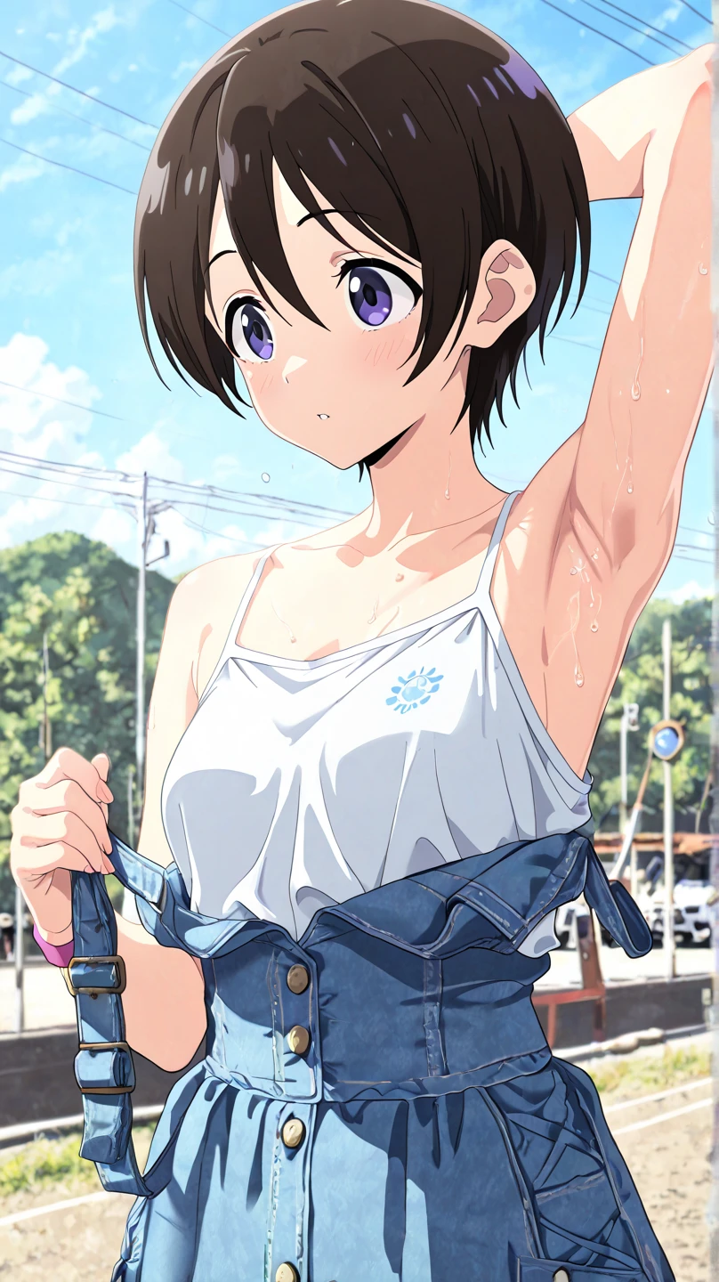 ultra-detailed,masterpiece,best quality,1girl,short pants,white t-shirt,happy,river,splash water,sunshine,outdoor,wet,,blush<lora:add_detail:1.5>  <lora:Gochuumon_jouga maya:0.7>jouga maya