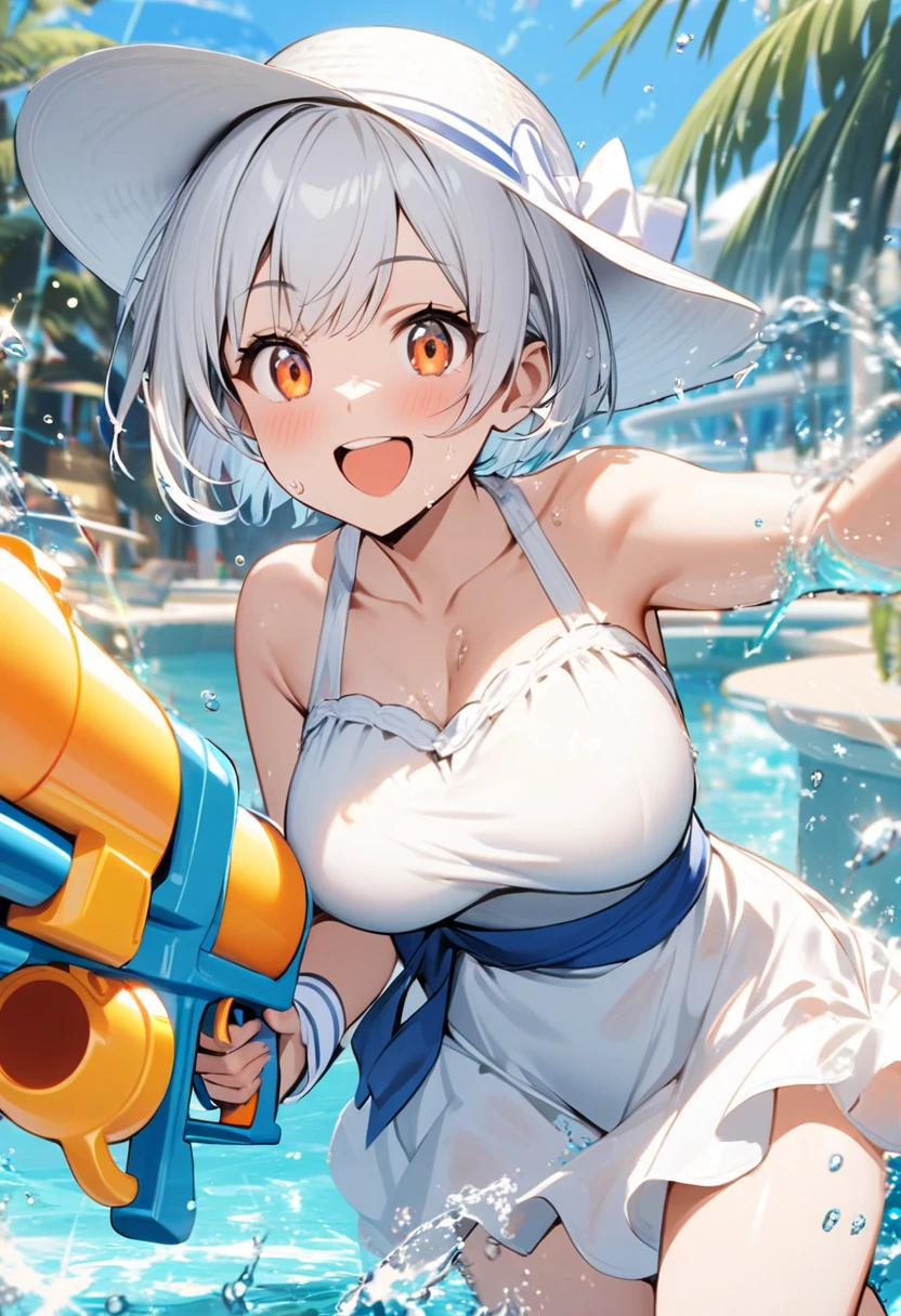 ((Masterpiece)), ((Best Quality)), (Very Detailed), ((Very Detailed)), 4K, (8K), very aesthetic, absurdres highres, 1girl, (anthropomorphic rabbit, furry, kemono:1.5), breasts, swimsuit, bikini, solo, grey hair, black bikini, (water gun:1.8), navel, choker, black choker, cleavage, thigh strap, outdoors, looking at viewer, smile, large breasts, side-tie bikini bottom, tail, day, rabbit girl, blue eyes, open mouth, water, wet, ass visible through thighs, stomach, thigh gap, sky, holding, cowboy shot, sunlight, bare shoulders, collarbone, blush, ocean, blue sky, halterneck, jewelry, thighs, leaning forward, cloud, armpits, pendant, standing,
