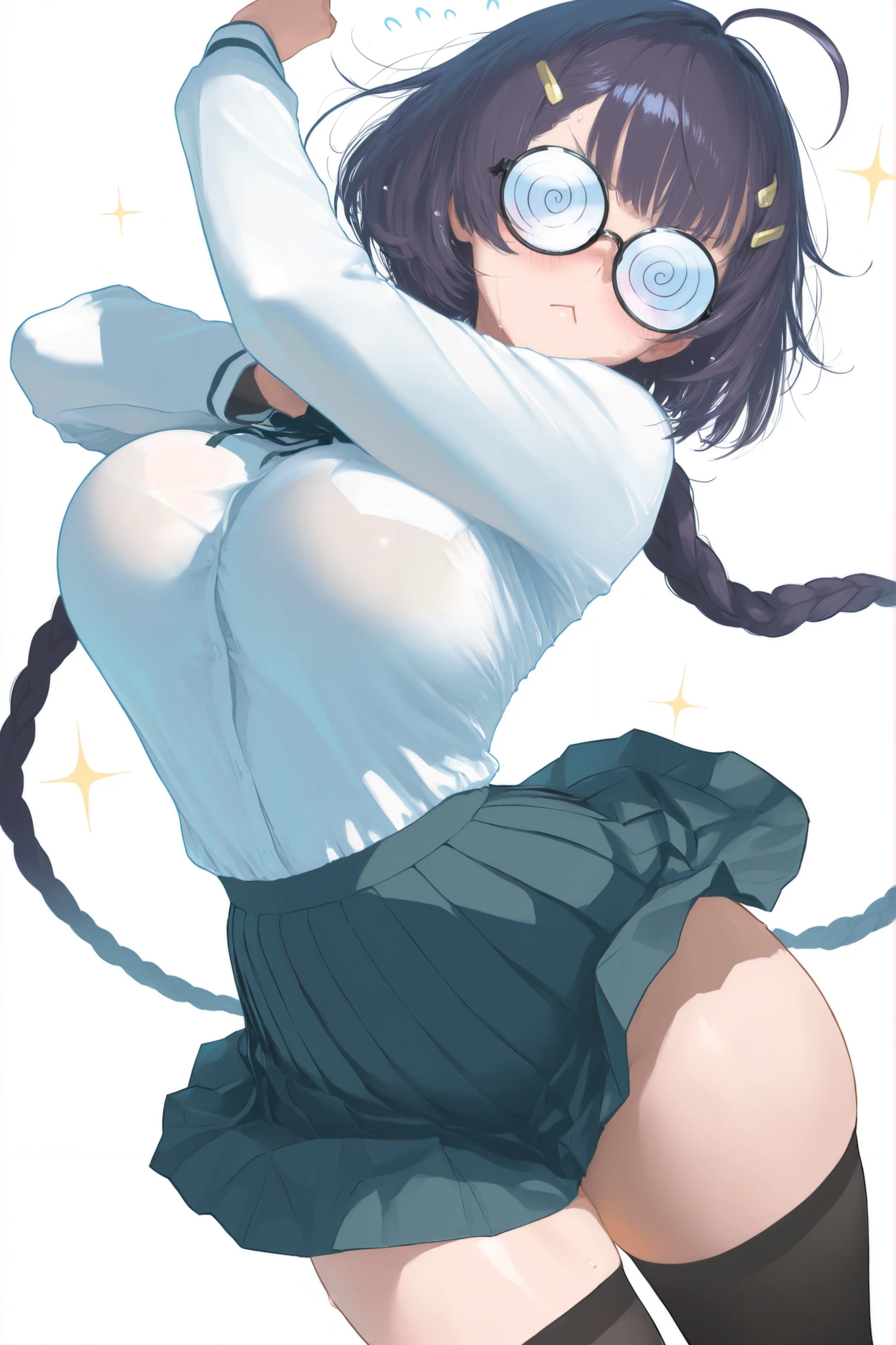 score_9, score_8_up, score_7_up, score_6_up, score_5_up, score_4_up, (by cutesexyrobutts: 0.5)
BREAK
(masterpiece: 1.0), best quality, perfect anatomy, perfect composition, perfection, Realistic proportions, realistic anatomy,
BREAK
use of shape theory, use of anatomy, defined body, defined textures, defined fabric folds. (dynamic pose, foreshortening, foreshortening, dynamic pose,)
BREAK
1girl, solo, long hair, breasts, looking at viewer, blush, simple background, shirt, large breasts, skirt, hair ornament, white background, thighhighs, holding, very long hair, school uniform, white shirt, ahoge, bob-cut, long sleeves, thighs, sweat, pleated skirt, alternate costume, hairclip, skirt, sparkle, 2 braids, thick braids, cowboy shot, face focus, upper body focus, flying sweatdrops, :<, round eyewear, @ @, opaque glasses, big glasses, coke-bottle glasses, dynamic pose, thick lines