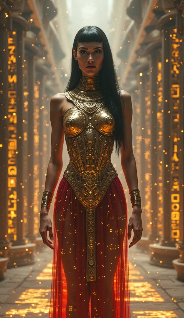 Photo realistic imagery ((complex Woman, Full Figure, standing in Golden Decorative Background of Indian palace, Golden Heals in feet, Model Like Machine 1 woman, complex figure, beautiful faces, beautiful Body, transparent skin made of clear glass and crystal)), glowing transparent body, embedded, ((golden mechanical gear parts in the body)), inspired by Automata's elaborate design and luxurious Art Nouveau aesthetic, (dynamic poseractal art, (shiny skin), iridescent body, many lights in the body, electronic lights, (hands on their own Breasteet raised, ((transparent head)), transparent body, brilliant_eyes, camera: macro, lenedium shot, using soft studio lighting (soft light: 1.8), futuristic background, mirror Reflection imagery and ultra-detailed 8K resolution rendering to capture fine details and reflective surfaces of clear glass, crystal and metal, 1 mechanical woman, ((ultra realistic details)), 8k, ultra sharp,intricate,portrait, illumination,metal, shadows, octane render, ornaments detailed, cold colors, egypician detail, highly intricate details, realistic light, trending on cg society, glowing eyes, facing camera, neon details, mechanical limbs, blood vessels connected to tubes, mechanical vertebra attaching to back, mechanical cervical attaching to neck, sitting, wires and cables connecting to head, Golden Decorative Background of Indian palace.