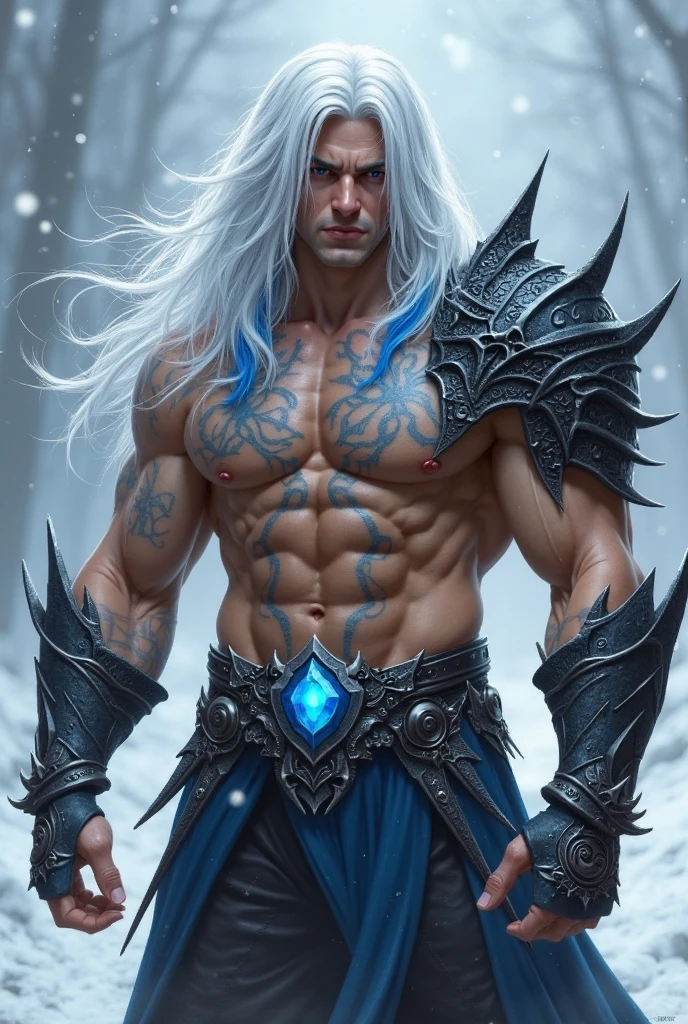 (best qualityer,4K,8K,highres,master part:1.2),ultra detali,(realisitic,fotorrealisitic,fotorrealisitic:1.37),White-haired tattooed Viking shaman,has bright blue tattoos,illustration,Kuno,fierce expression,weathered face,blue war ink,body covered in intricate tattoos,Sharp facial features,muscle building,wielding a magical staff,glowing runes,standing in a snowy landscape,Snow falling gently from the sky,blizzard in the distance,fur cape flowing in the wind,Determined posture,ice crystals forming on your bare chest,swirly vibrant colors,powerful aura,mythical creatures in the background,capturing a moment of her invoking the forces of nature,Exuding strength and wisdom. Magical glowing blue eyes and magical sparks around