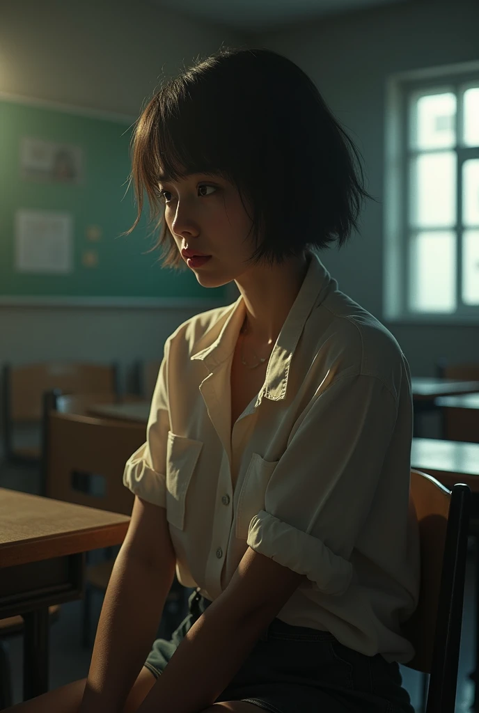highest quality, High resolution, masterpiece :1.3),The beginning of the sparrow, masterpiece, (Realistic:1.4), highest quality, Upper Body, In the classroom, friend,Golden lighting, RAW Photos, 8K Ultra HD, Film Grain, One girl, Brown Hair, short hair, Brown eyes, Anime Coloring, View your viewers, Sportswear, View from afar