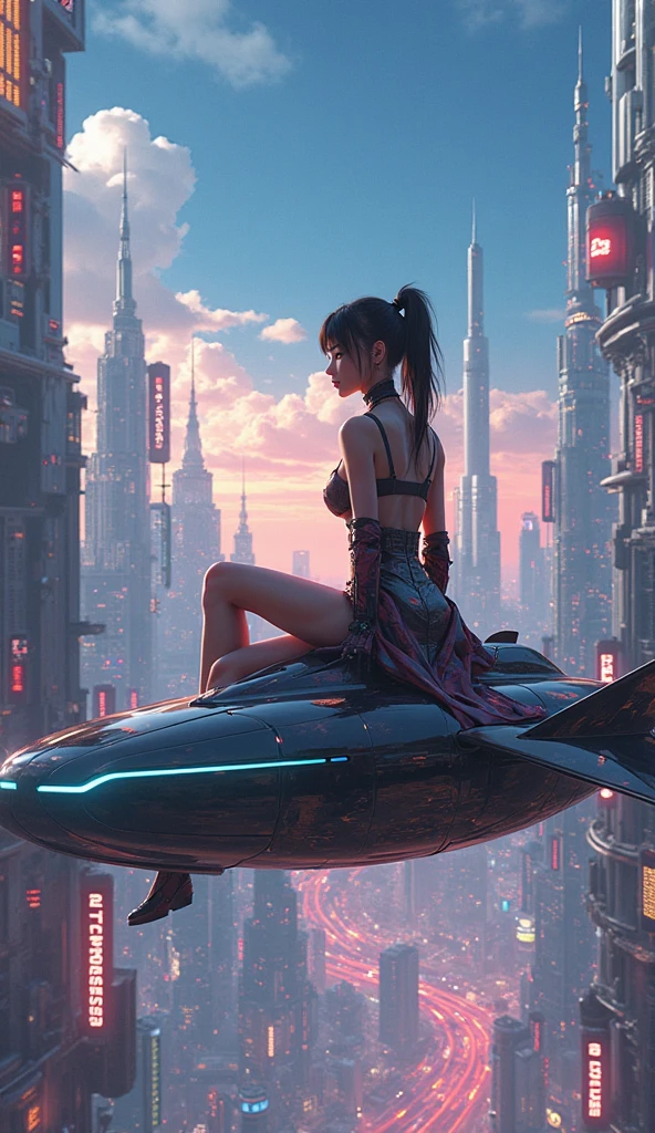 On a futuristic city rooftop, a girl reclines against a sleek, metallic parapet, her head tilted back to observe the stars that pierce through the shimmering dome above. The urban landscape sprawls beneath her, a sprawling tapestry of neon lights and soaring skyscrapers. The atmosphere buzzes with the energy of a city that never sleeps, punctuated by the distant hum of airborne vehicles. The scene balances the serenity of stargazing with the dynamism of a metropolis in perpetual motion. Style: Digital illustration with a mix of vibrant colors and intricate linework, creating a visually captivating blend of futuristic and celestial elements.