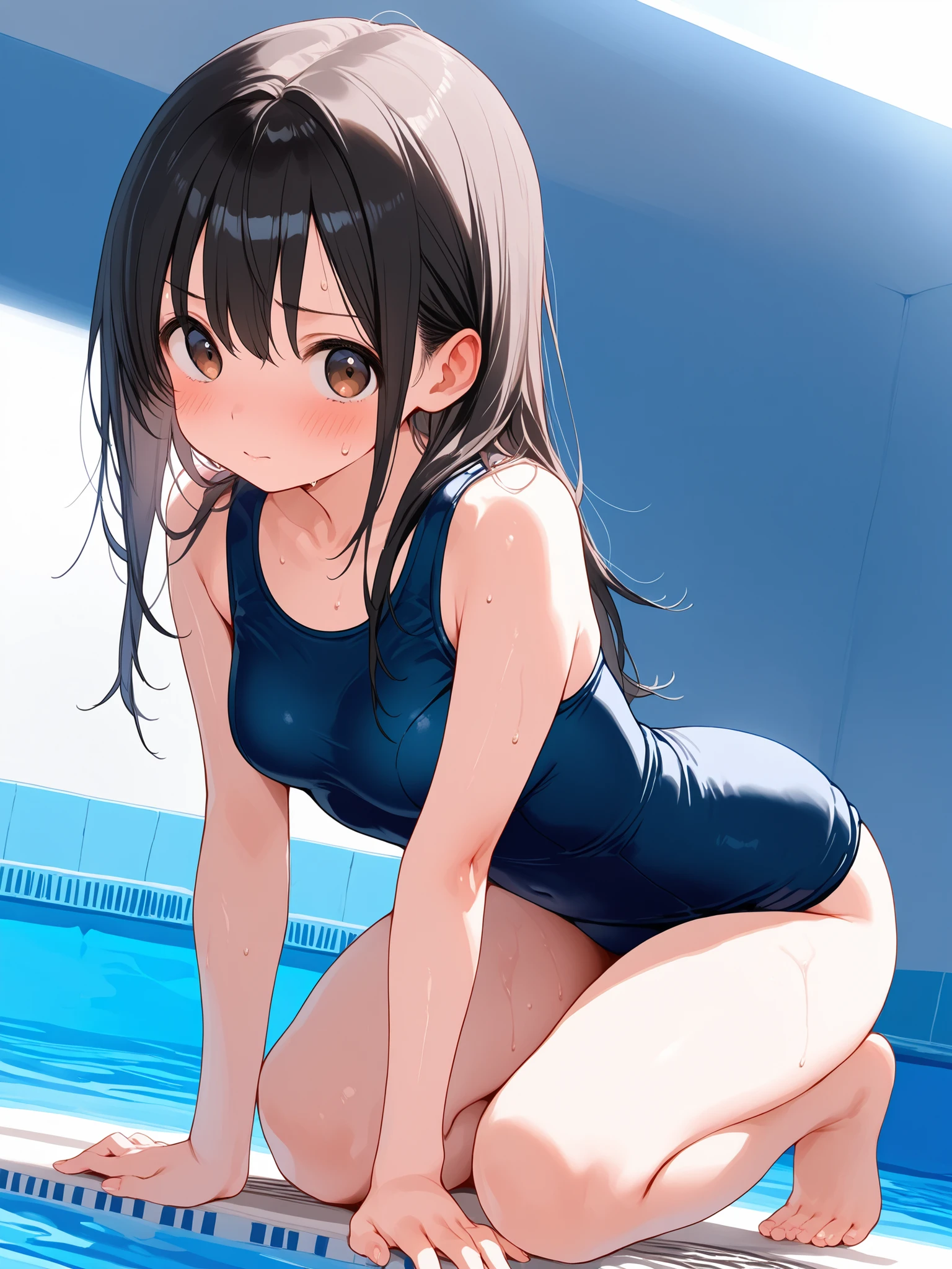 High quality、highest quality、complete limbs、Ultra high definition、Sparkling eyes、full finger、slender beauty、Wearing a school swimsuit、shiny skin、butt angle