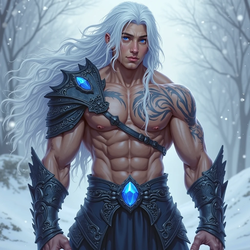 8k, sophisticated, elegant, highly detailed, majestic, digital photography, surreal painting, magic, magic, fairy tale, (Masterpiece, side light), hdr, (Bright blue eyes), Naked upper body, (shiny tattoo), Handsome adult man, long beautiful straight platinum hair below the shoulders, a long neck. athletic body, beautiful proportioned male figure, tanned skin, Handsome, in front of the camera - just a masterpiece. realistic. a full-length image. Long hair below the shoulders. grey clothes. He holds a large silver sword in his hands. a well-proportioned male body