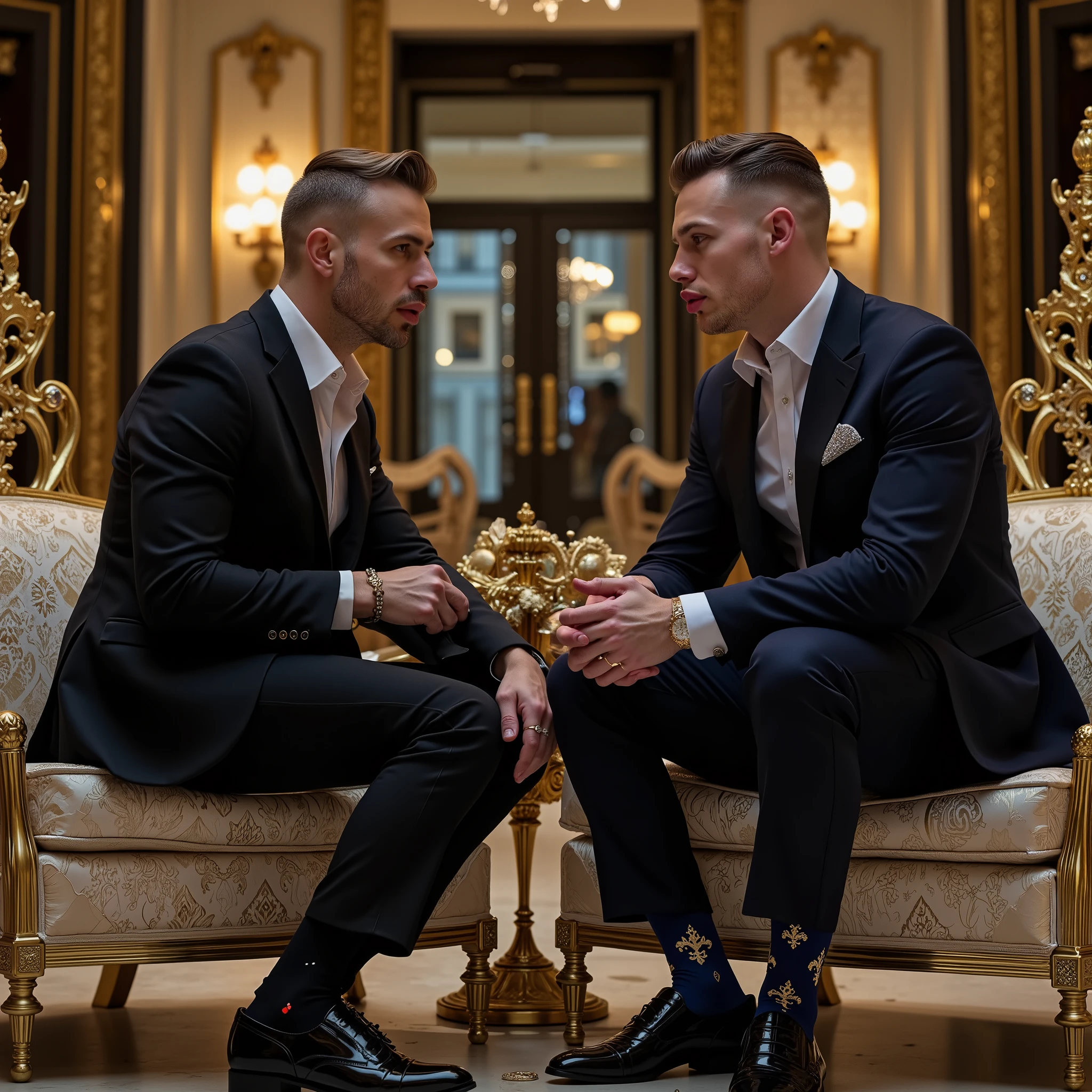 flxBimboLips963 ; full-length photo, seated At the entrance to a very chic and select gym club 2 different white European handsome dapper men, both in socks and finest Shoes, finest stylish dapper short undercuts, huge siliconed lips, wearing sumptuous elegant suits, precious gold rings & fashion jewelry, conversing about each other socks, and feel each other socks. Their very thin chic socks are clearly visible (1 in black transluscent socks, the other in thin dark-blue socks with gold fleur-de-lis patterns). Both look excessively stupidly mentally retarded