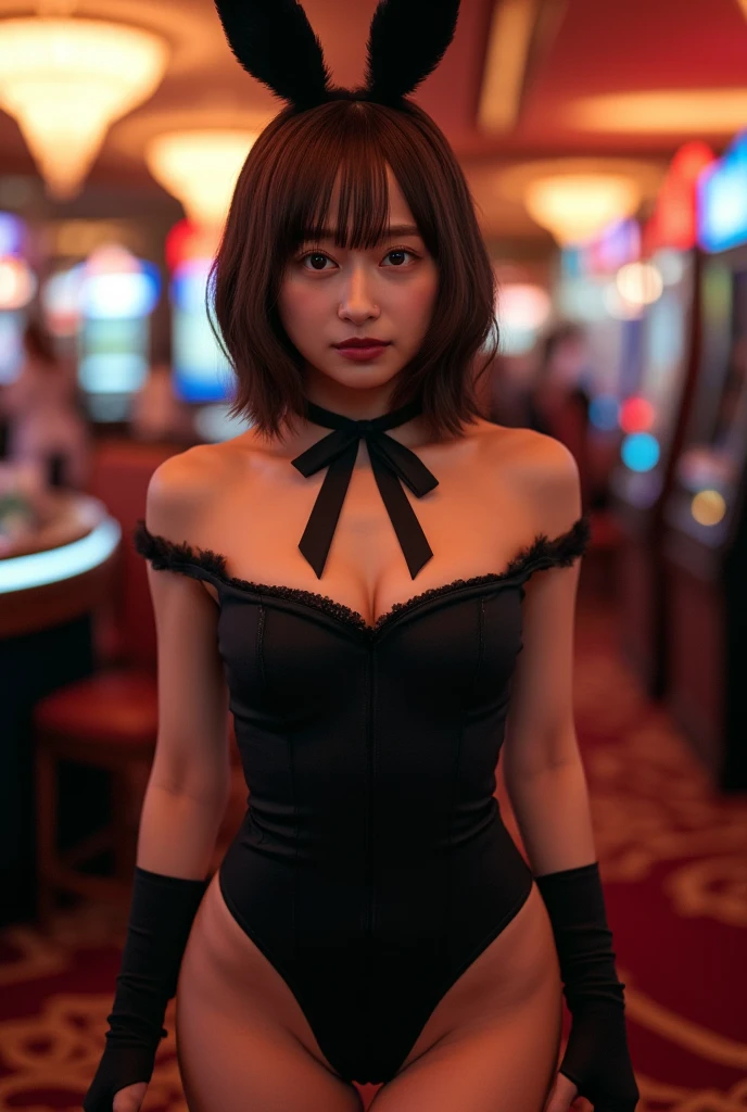 absurderes:2.0, from above:1.8, (Blush、Cheeky smirk、brown hair、bob cut, solo、arms behind hip:1.6)、japanese actress, realistic, Unity 8K Wallpaper, Masterpiece, Realistic face, Realistic skin feeling ,detailed hair, highly detailed, realistic glistening skin, light makeup, (playboy bunny,fake rabbit tail, black fake rabbit ears,Fishnet tights:1.8,bowtie, wrist cuffs, enamel leotard)、black eyes)、Casino, retro bar