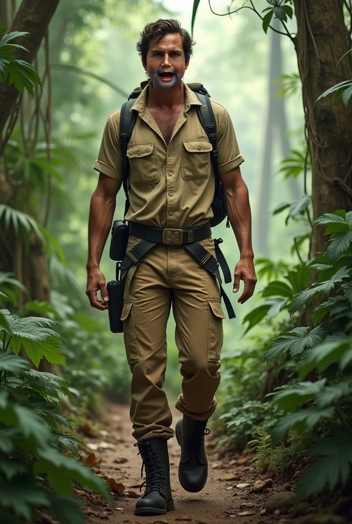 Handsome and brave aristocrat, blond muscular Wehrmacht officer (2) with aristocratic face, shirt torn into small shreds, in military trousers with suspenders, tired, sweaty, dirty but not broken, with the last of his strength makes his way through the jungle), art style of 1990s films, magazine cover, full body