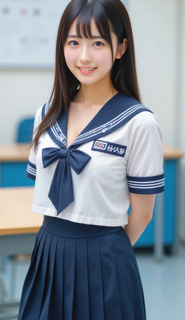 ((Breast enlargement)), (masterpiece, Highest quality:1.2), 8K, Young and beautiful girl, 85mm,Official AR RAW Photos, (Baby Face), ((Small face)), (((Super big breasts))), Detailed nipples, Show me your ears、photo shoot, Cute face, Thighs, Classroom after school, Looking at the audience, Embarrassing、smile、No makeup, Film Grain, chromatic aberration, Sharp focus, Face Light, Bright lighting, 10 generations, Detailed face, Background blur、((((((14 year old high school girl))))))、Narrow waist, ((Sailor suit, Navy Pleated Skirt)), (White tiny panties), Sit with your hands on your knees, (Show me your underwear)