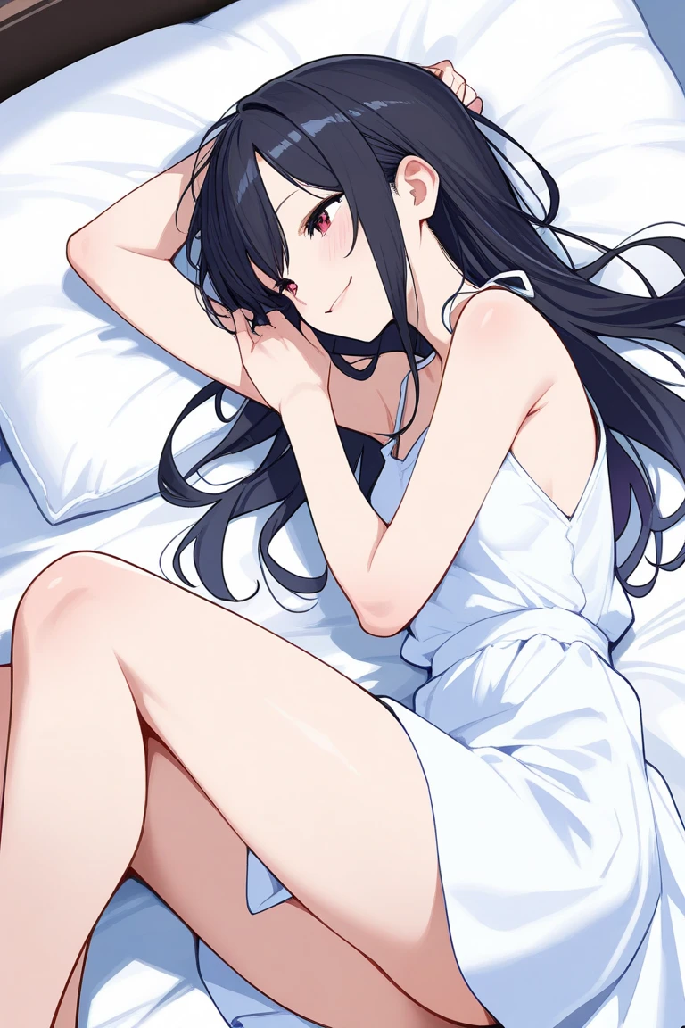 Girl in sleeveless dress lying on her bed with one arm behind her head,side angle, relaxed smile