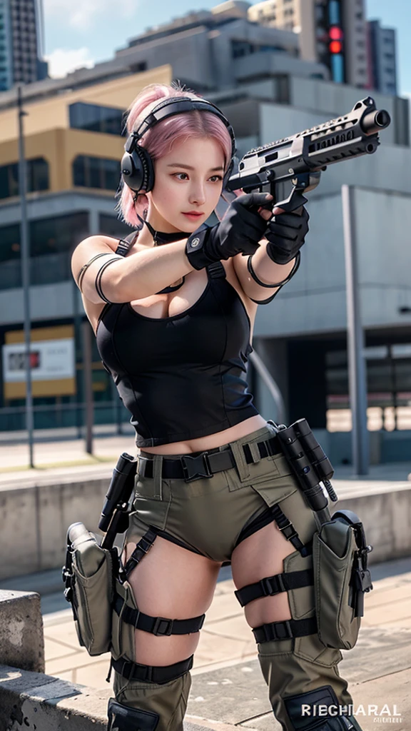 ((better quality)), ((masterpiece)), ((highest quality, 8k, masterpiece: 1.3)), ((highest quality)), realistic, photorealism, realistic, High resolution, One girl aiming with an M4 assault rifle, 32 years old、battle pose, looking at the viewer, (detailed face), short hair, (wearing a latex rubber suit, tactical vest, military harness, black gloves, tech headset), The color of the fabric is navy blue with black as the base color.), cleavage、Revealed thighs, gun, fingers are blocked, Concrete wall background,muscular
