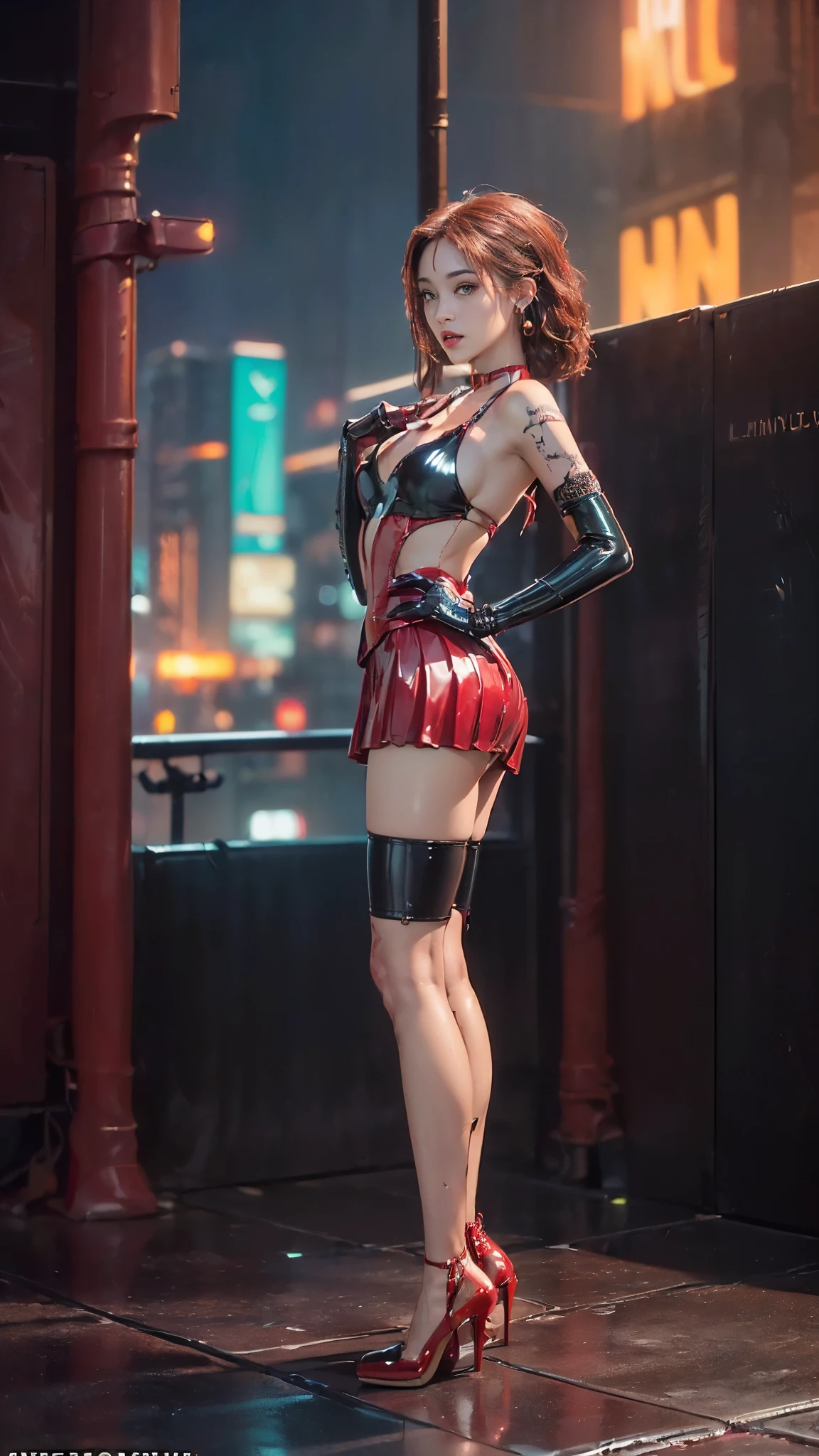 ((masterpiece:1.4)、(Highest quality:1.4)、(Realistic:1.7))、Masterpiece:1.4、(Top-notch rendering:1.4)、(SWAT3:1.4)、Super Beauty捜査官、(By Luis Royo:1.4)、(Standing facing forward:1.7)、(Latex bodysuit:1.2)、(Shiny luxury latex:1.7)、(Red Corset:1.2)、(Bikini style costume:1.5)、(Luxury Red Latex:1.4)、(Red pleated mini skirt:1.7)、(Stand with the whole body facing forward:2.0)、22 years old、(Cute Tattoos:1.4)、(Wearing white gloves)、Cute Girl、Super Beauty、Sharp Focus、Portrait Photography:1.4、8k、Photorealistic images:1.4、(Perfect female body:1.4)、Perfect proportions、(Upper body shot:1.7)、Beautiful Face、Fearless look、Beautiful Eyes、(Narrow waist:1.4)、(9-body proportions beautiful girl:1.4)、(A beautiful girl with long legs and a good figure:1.4)、Beautiful feet:1.2、(Long Hair:1.2)、Beautiful breasts、Large Breasts:1.2、sexy ass、Raw photo、Red lips、(Red high heels:1.4)、choker:1.4、necklace:1.4、Earrings:1.4、1 Screen Display:1.4、Beautiful night view of cyberpunk city:1.2