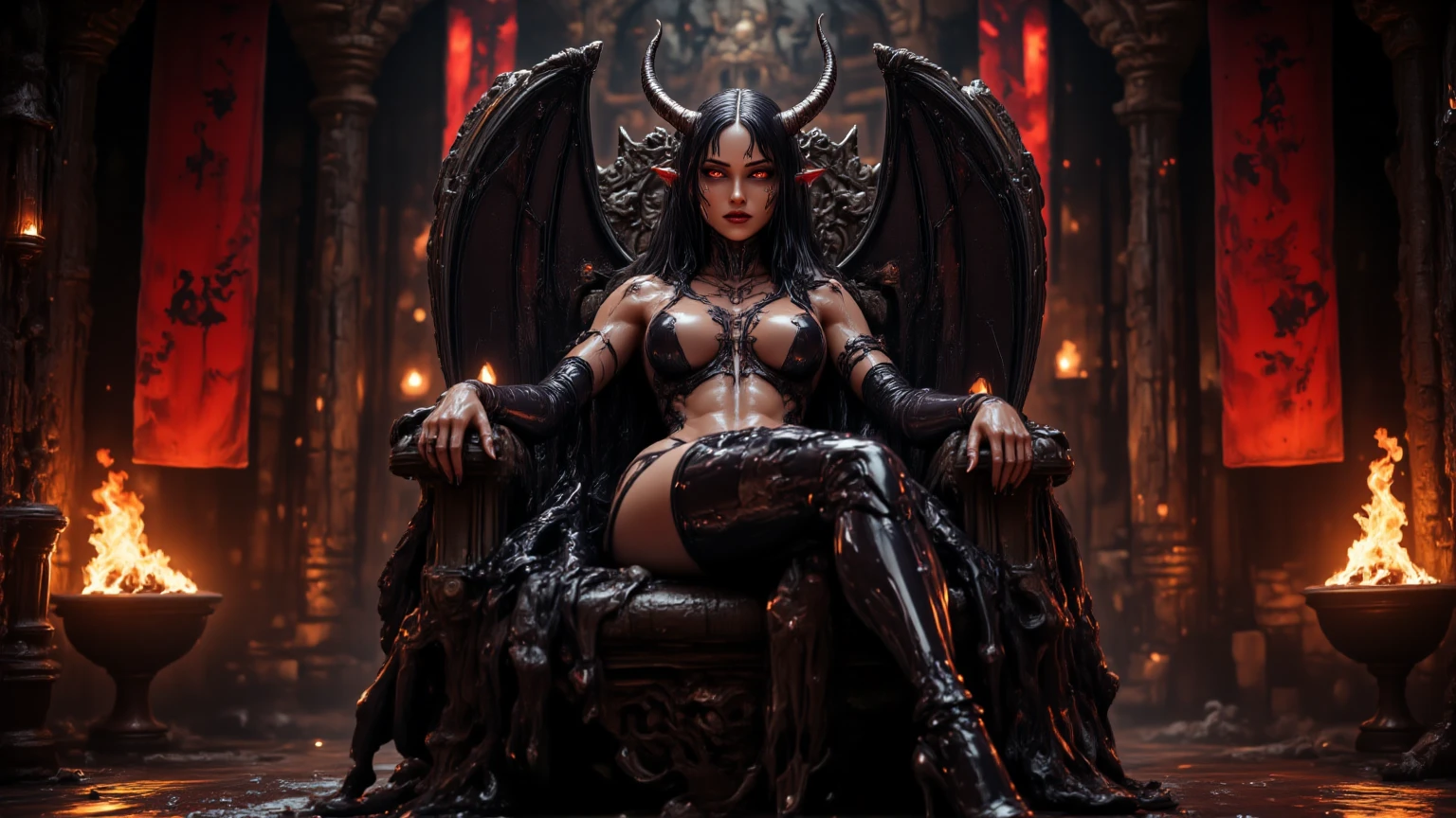 Manda_mano_lora,(((8k RAW photo, hyper realistic, masterpiece, best quality, crisp detail, high definition, high detail, very rich detail, sharp focus, sharp detail, colorful, rich color, cinematic, perfect studio lightning, full body photograph, mystic atmosphere shot from front))), (((fully naked) young colorful darkness goddess, (fully nude), smooth body, ideal body, naughty smile)), (temptating pose, temptating viewer, (spreading legs), big breast, (showing (pussy, vagina, genital, nipples))), (black fire), ((devil wings, tail)), ((very long sharp claws)), ((forbidden castle, full decorated castle)), (hundreds of ( skull, bone) on land), ((giant devil behind)), sorrounded by skull armies, darkness element, black devil