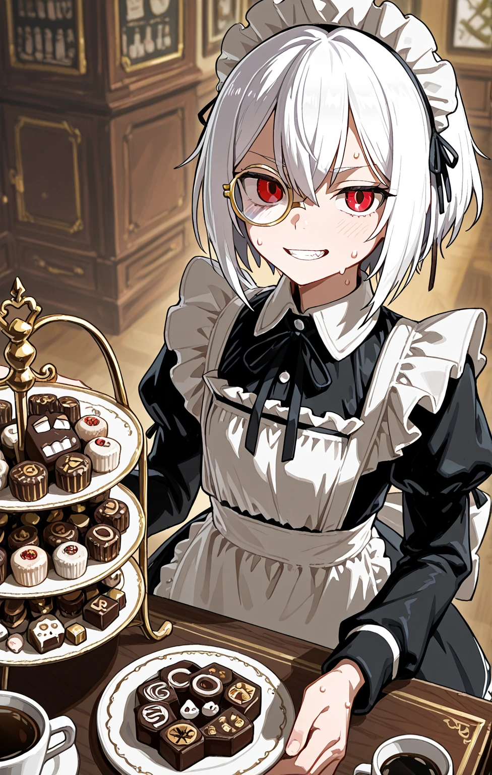 score_9, score_8_up, score_7_up, source_anime, <lora:arlecchinoPDisek:0.8> arlecisek, x-shaped pupils, maid uniform, maid apron, maid headdress, cake, pouting,