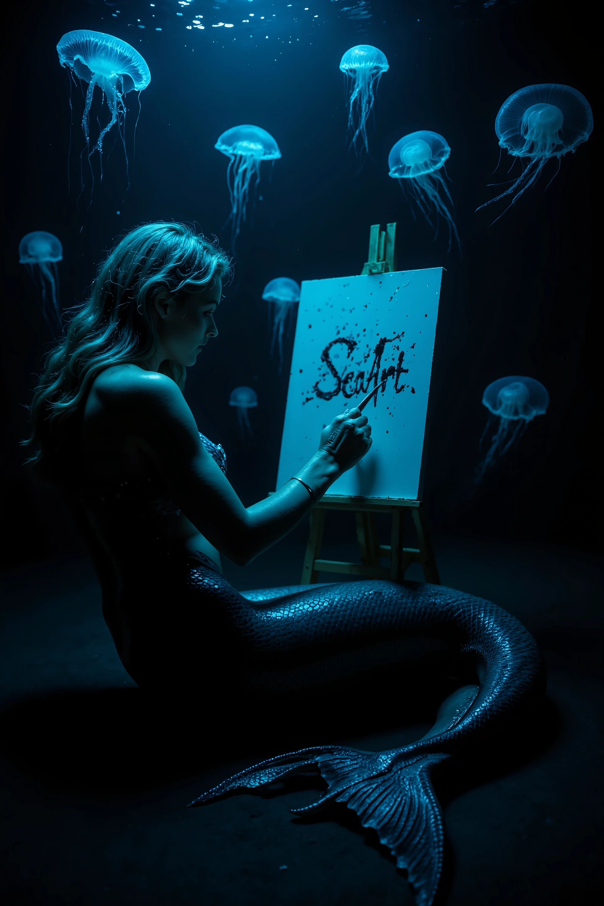 Ultra realistic portrait, in the deep sea, extremely dark surroundings. Bioluminescent jellyfish softly illuminate the scene with faint blue light. Under this gentle glow, a mermaid sits on the ocean floor, painting on a canvas set on an easel. Her long hair covers her back completely. The mermaid is viewed from behind, shot from a distance, with her body hiding the painting on the canvas. She paints the SeaArt logo. Mysterious deep-sea fish swim around her. The entire scene has a mystical atmosphere, with a cool, deep blue-tinged color palette and a sense of cold water. Ultra high-resolution, photorealistic, natural body proportions and textures, sophisticated and artistic impression.