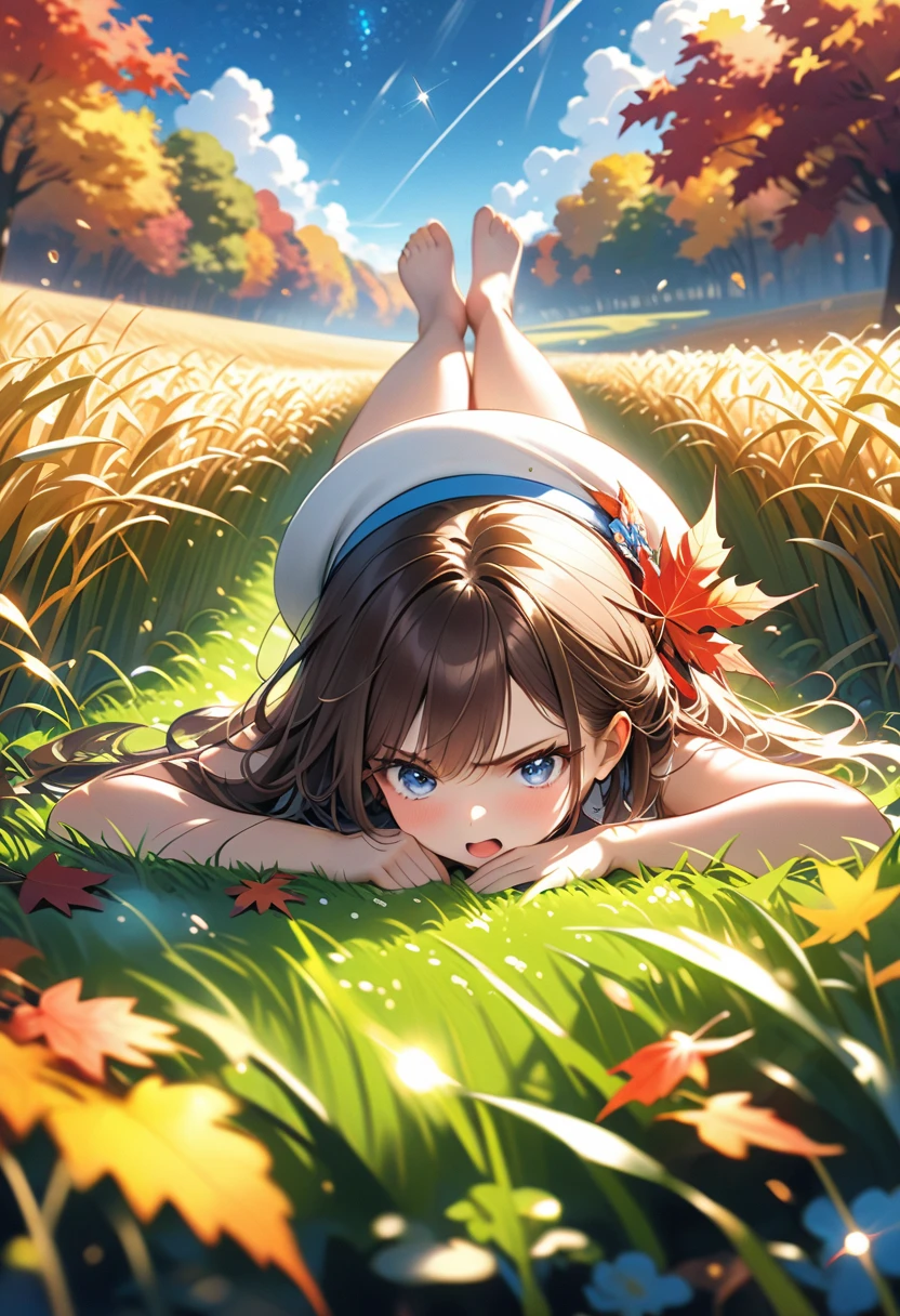 Light-skinned girl with long brown hair, fringe and a red bow on the back of her head, wearing blue dungarees with a white short-sleeved T-shirt with blue shorts and knee-high socks, eyes closed, red shoes in the background on a strawberry field with some with blush on their cheeks 