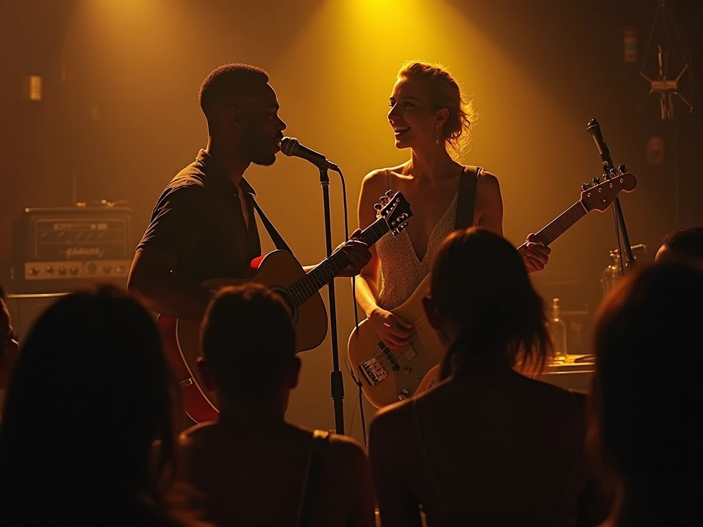 You're in a dark, lively pub with low lights and an intimate atmosphere. On stage, there is a black and white couple, both dressed in elegant costumes. They're holding microphones and singing a passionate song from a genre you can't identify. The crowd is silent, paying attention to the couple's performance. You watch in awe as they perform with intense passion, their voices blending seamlessly in harmony. The mood in the pub is electric, and you feel drawn to the infectious energy of the couple as they continue to sing.