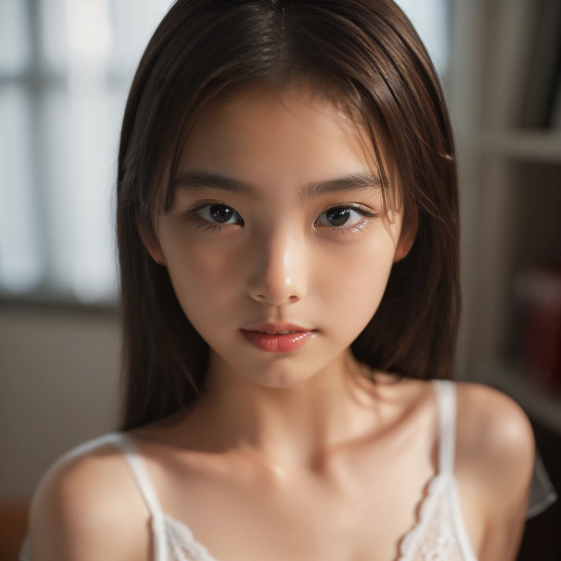 ((Highest quality)), ((Photo quality)), (detailed), Perfect Face,,Upper Body,Thin arms,White skin,bed,Sheer camisole