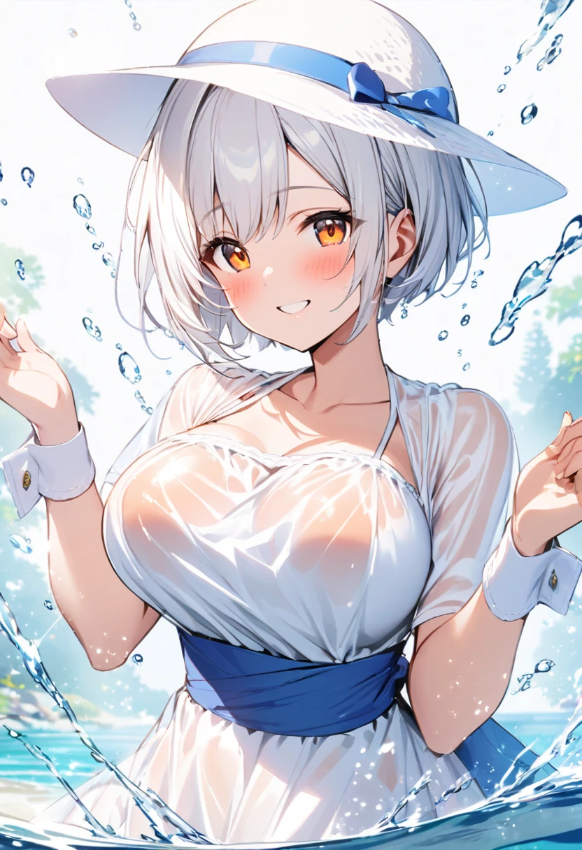 (((best quality)), ((masterpiece)), (details), masterpiece, best quality, high quality, ulutra detailed, perfect face, ((1girl, blue eyes, cat ears: 1.3 silver bob hair: 2.5,)) 、Shiny Hair、Glowing Skin、blush、Lustful look、Beautiful Kyungsi、Aodai official wearing a banknote、Chinese clothes、Claw Pose、Small fangs、blue sky、cloud、Ocean、(Splash:1.3)、