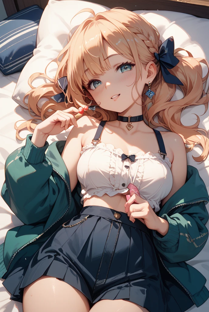 Masterpiece, Highly detailed, 4K quality, one girl, mature female, beautiful woman with curly brown hair and blond tips, green eyes, sweatshirt, short shorts, belly neckline, perfect belly, that show her thick thighs, gentle smile, pink lips, medium boobs, slightly chubby, bedroom background