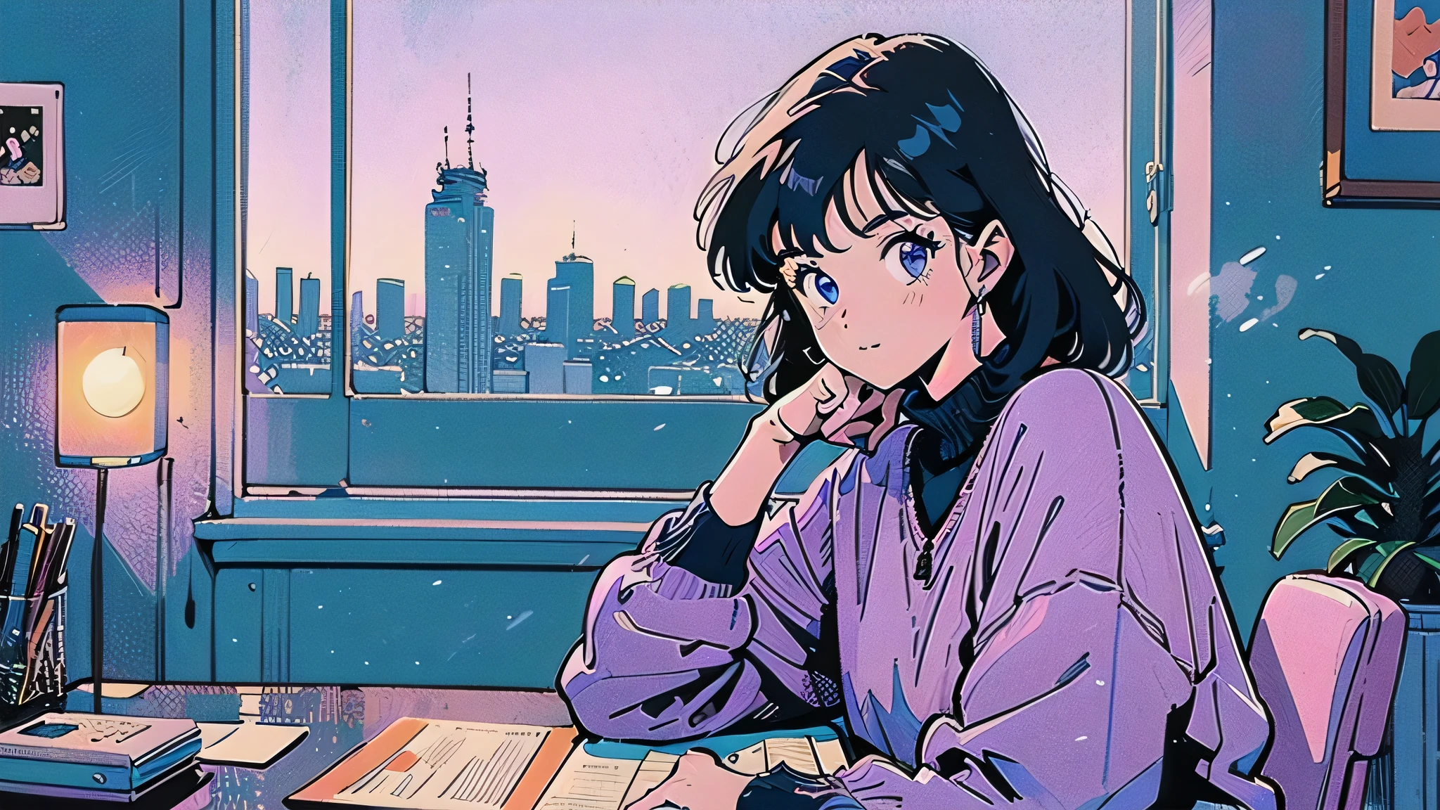 "An anime-style illustration inspired by 1980s city pop aesthetics. A young woman with shoulder-length hair sits at a wooden desk in her cozy apartment during the evening, deeply focused on her studies. She wears a relaxed retro outfit—such as an oversized knit sweater and soft lounge pants. On the desk in front of her are two open notebooks, a steaming cup of coffee, and two pens—one red and one black. The warm glow of a desk lamp softly illuminates her face and study materials. Outside the window behind her, a pastel city skyline glows with neon lights in shades of pink, blue, and purple. The room features vintage furniture, indoor plants, and tasteful 80s-style decor. The overall scene is filled with soft lighting, warm tones, and subtle grain, capturing the nostalgic, dreamy mood of 1980s anime and city pop visuals."