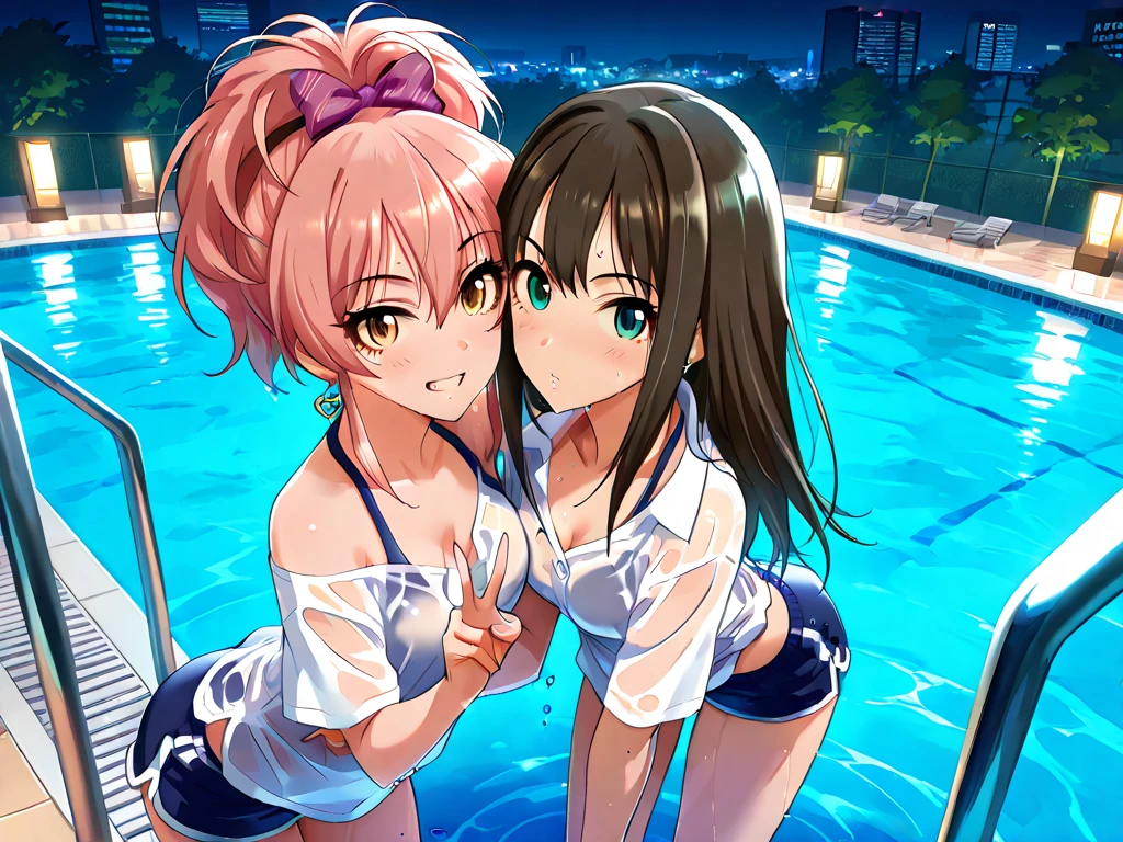 One girl,alone, Mizuki T,Twin tails,Brown eyes,Brown Hair,smile,
Are standing,Wet,Pool,Recall,
Pink ruffle bikini,Bikini Skirt,
Maid's Headdress, Hair Flower,From below,Leaning forward, Cleavage,