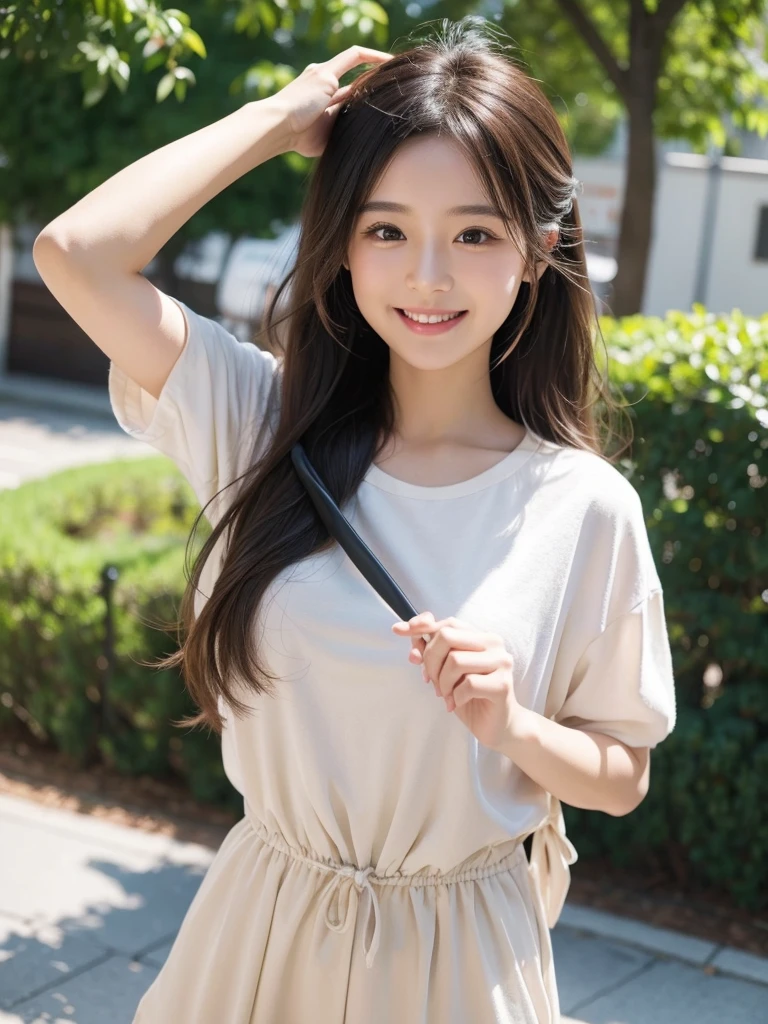 Produce the highest quality and highest resolution 8K images。The model is a 20-year-old Japanese woman.。The image depicts her posing and smiling for the camera.。She has brown eyes and a model figure.、She has an idol-level cute face.。The hair is wavy。Skin has a healthy color。Clothes、I'm wearing early summer clothes。The background depicts a scene of people taking commemorative photos at a tourist spot.。