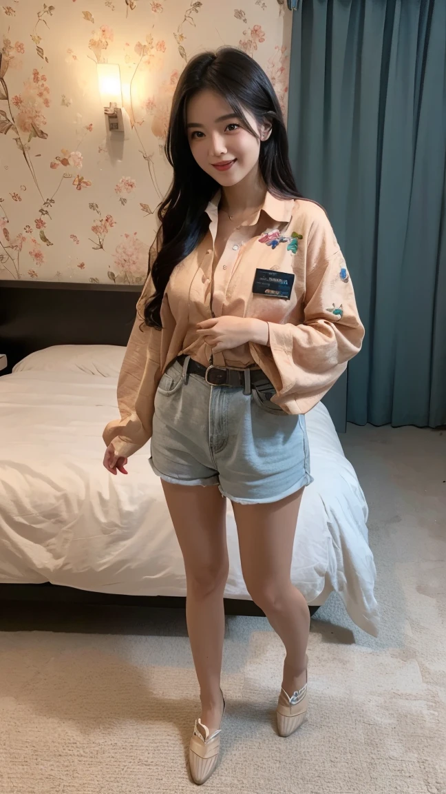 (1girl:1.3), solo, __body-parts__, Kim Ji-ni Jennie face, wearing white floral shirt, cute, white jeans, long legs, badge decoration, background solid color interior
