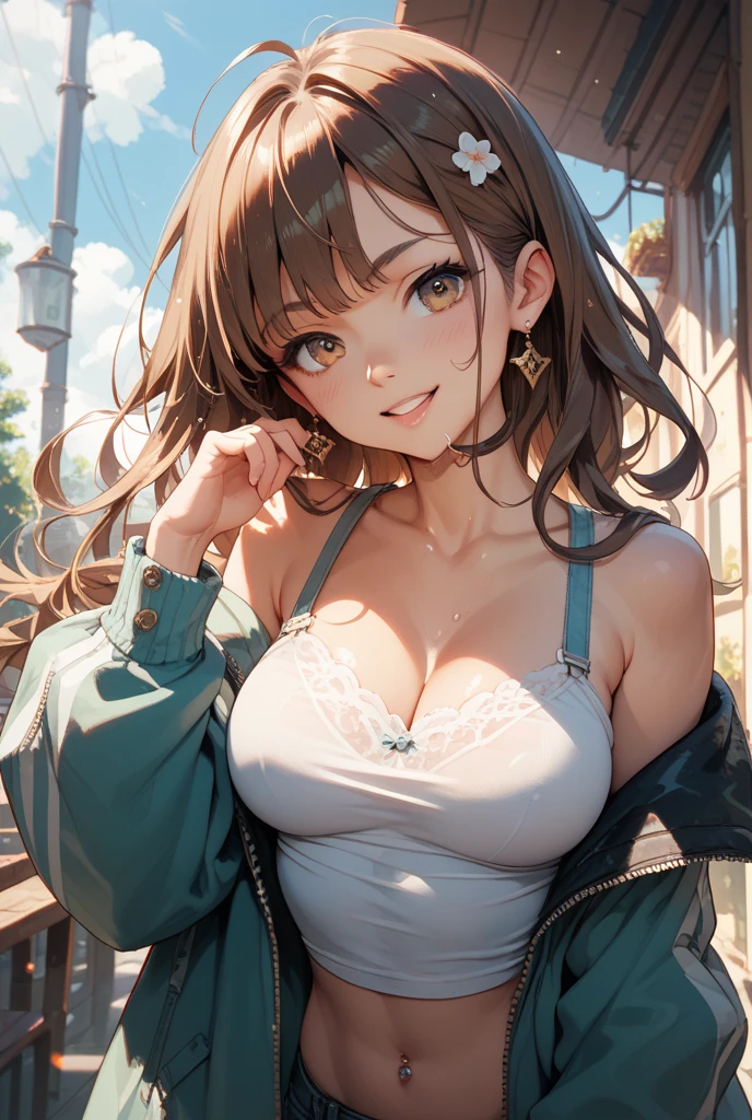 Girl with black skin, braided brown hair, Box braids, green eyes, smiling, white shorts, black bra, white blouse, big circle gold earrings, freckles, big lips, perfect face, both her hands are on her hips, she is on a rooftop, nyc skyline in the background, blue skies big white clouds