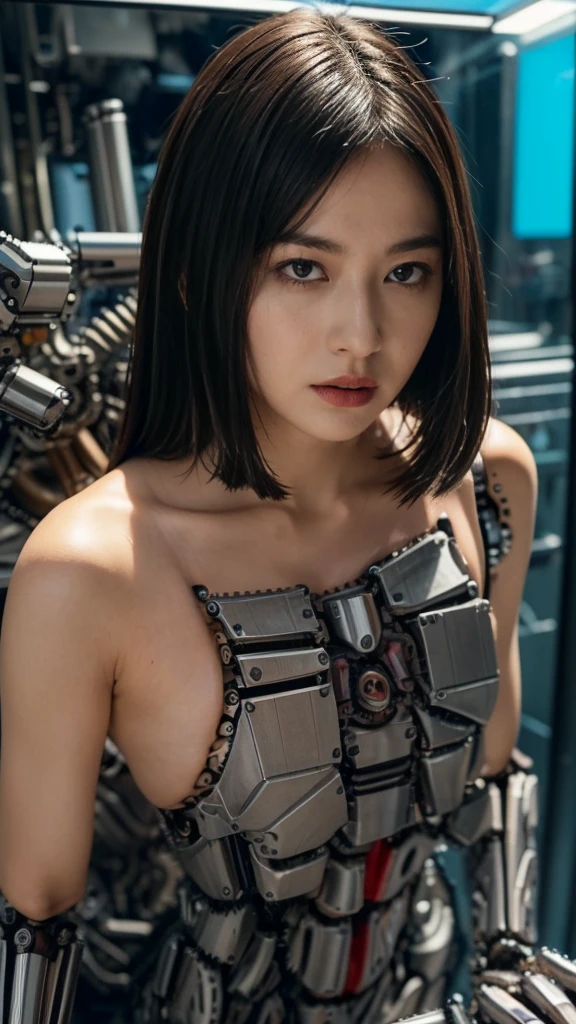 masterpiece:1.2,high quality), One girl, ((Ultra-Realistic Details)), ⦅whole body⦆,Global Illumination, Shadow, Absurd, Octane Rendering, 8K, Ultra Sharp, Metal, Complex, Decorations detailed, highly Complex details, (Mechanical body:1.2), ((A clean and pretty face)), (Costume Destruction), Equipment, Bobcut, (robot, Android:1.15), Broken clothes、Girl Warrior、In combat、(((small, Flat Chest:1.4)))、((Wound on chest:1.2))、((I can see your chest:1.5),((Ryona Defeat))、(I'm in pain)、(((I can see the machine inside her boobs)))、((looks:1.3))