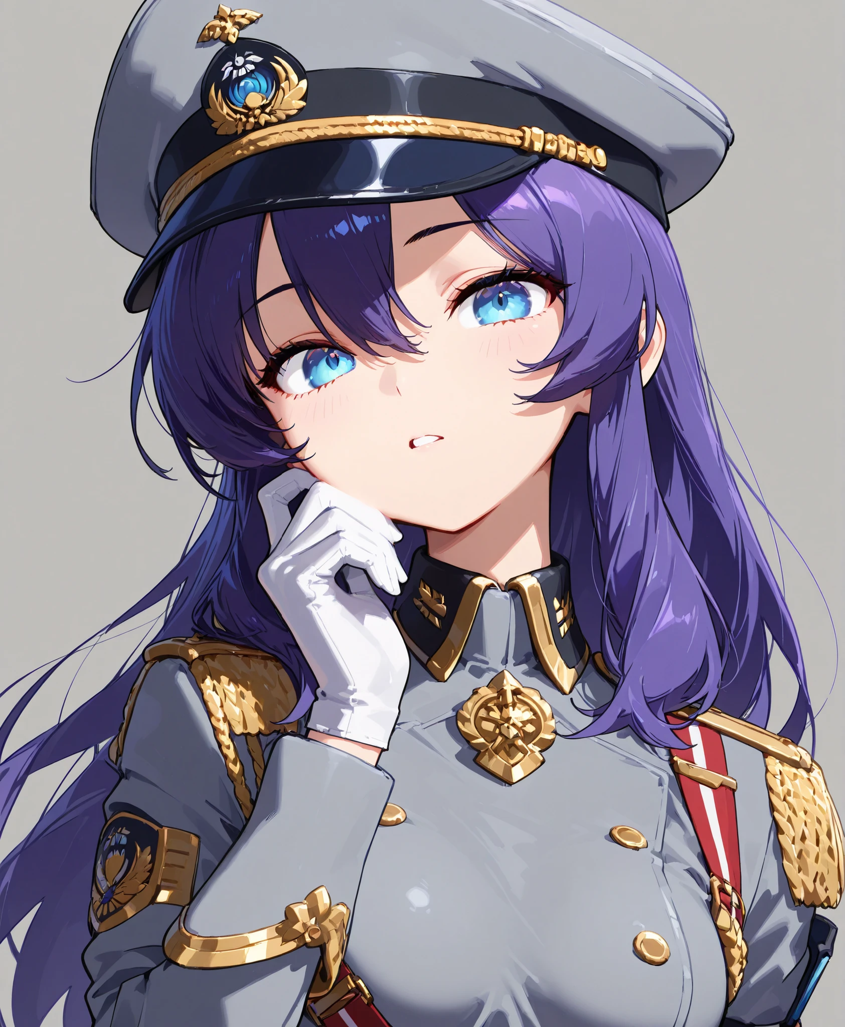 8k, highres, masterpiece, ultra-detailed, (high detail:1.1), 1girl, (purple hair:1.1), curly hair, ponytail, medium hair, (sky blue eyes:1.1), military hat, (red and black military uniform:1.45), (adult:1.25), (facing viewer:1.15), eyepatch, naval office, (sitting in admiral chair:1.1), (battleship:1.25), window, (portrait:1.2), (upper body:1.1), <lora:naughty_to_nice_v3:0>