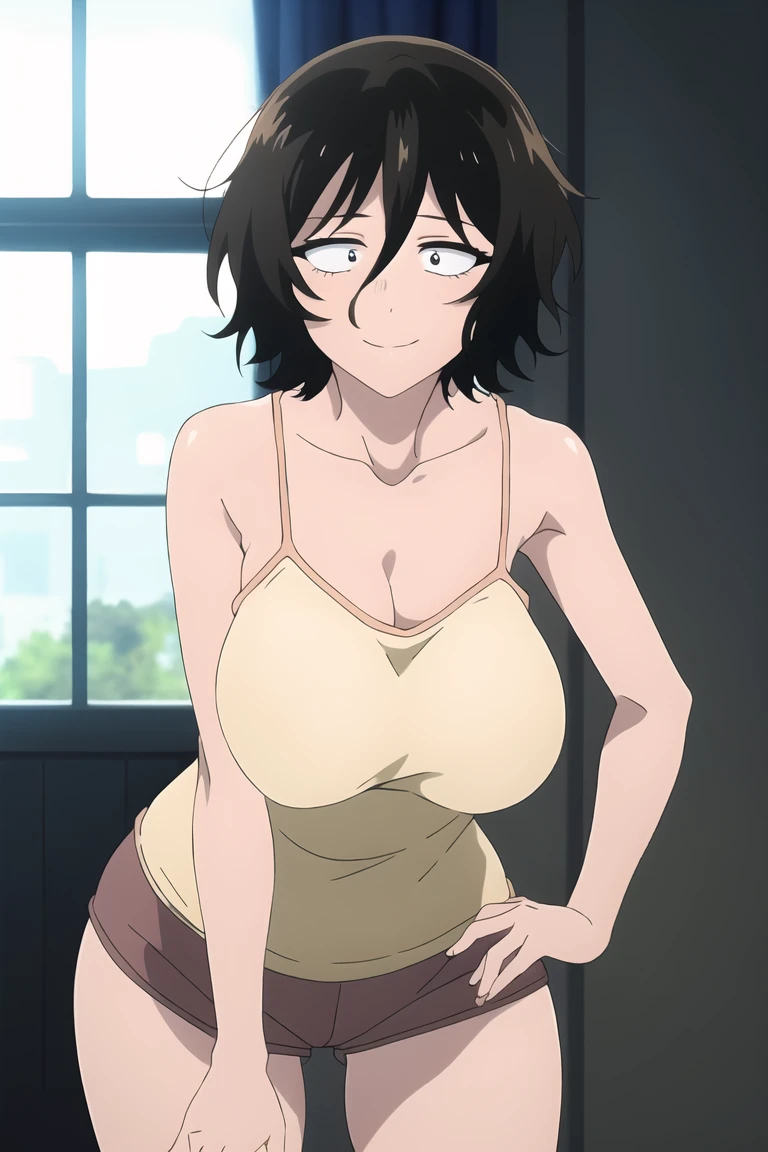 ((best quality)),((highly detailed)),masterpiece,absurdres,detailed face,beautiful face,(detailed eyes, deep eyes),1girl,((dynamic pose)),  Sally, solo, black hair, short hair, red eyes, collarbone, hair between eyes, underwear, big breasts, blush, lace bra, cleavage, choker, huge breasts, solo, black bra, indoors, looking at viewer,  glasses, bare shoulders, underwear only