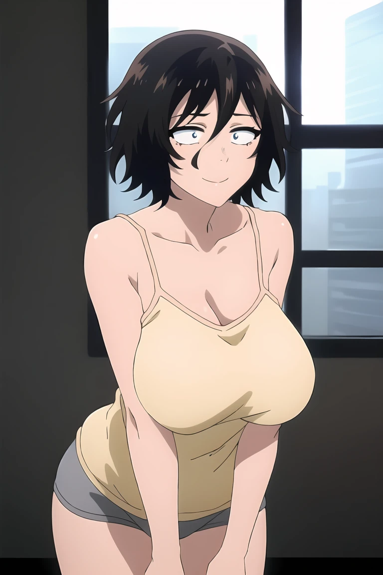 masterpiece, official art, 1girl, shortstack, (closeup), cowboy shot, himeno \(chainsaw man\), eyepatch, at bed, milf, huge breasts, curvy, white tank top, white panties, open mouth, smile, excited, (on her all fours), (view from front), (bent towards viewer), looking at viewer, at night, in dark bedroom
