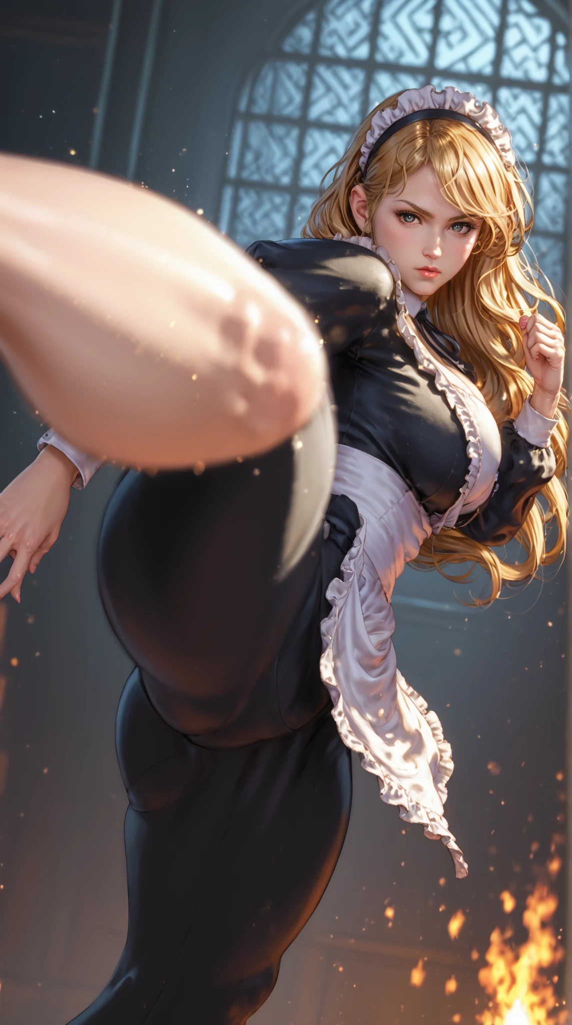 High Quality, 4K, high resolution, photo shoot, realistic, perfect work, Super Fine, is a martial artist who hits Wave Fist, beautiful woman in silya room, huge breasts, Martial arts hall background, Fire Light Effects, Powerful Composition with Movement, realisticなアニメスタイル, digital painting High Quality,4K,realistic,,big breasts,beautiful girl in maid outfit, Gold,long hair twin tails,,intense kicks, high kick,golden hair 金色に輝くlong hair,serious expression,Realistic backgrounds,Lighting Effects,natural texture you can feel on your butt,professional with dim lightな仕上がり,colorful,bokeh effect similar to,Dramatic Light and Shadow High Quality、4K、realistic、professional with dim light、very detailed、Unblurry 、bokeh、HDR、studio lighting、delicate depiction、beautiful woman in silya room、white and black maid outfit、race、raceパンティー、detailed maid clothes that will excite your butt、spin kick、 high kick、accurate kick、金色のlong hair、 beauty、beautiful face、 beautiful feet、Meaty legs Fighting Maid Serious Gaze
