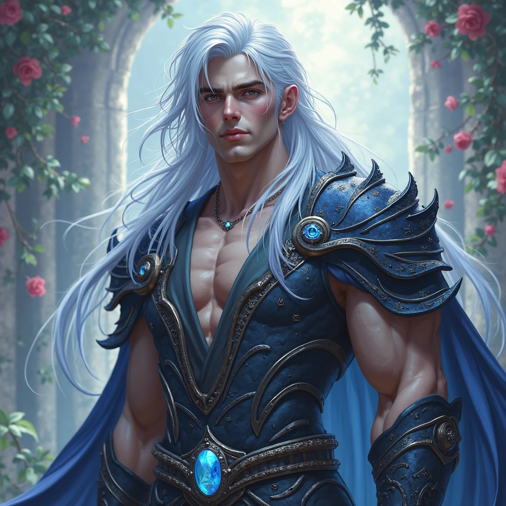 8k, sophisticated, elegant, highly detailed, majestic, digital photography, surreal painting, magic, magic, fairy tale, (Masterpiece, side light), hdr, (Bright blue eyes), Naked upper body, (shiny tattoo), Handsome adult man, long beautiful straight platinum hair below the shoulders, a long neck. athletic body, beautiful proportioned male figure, tanned skin, Handsome, in front of the camera - just a masterpiece. realistic. a full-length image. Long hair below the shoulders. grey clothes. He holds a large silver sword in his hands. a well-proportioned male body