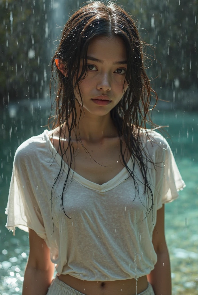 Best image quality, masterpiece, Ultra-high resolution, (Loyalty :1.4), Pretty Japanese woman, 1 person, Detailed face, Detailed eyes, Correct human anatomy, ,tears, tearsdrop, (White shirt), (Wet clothes stick to the body:1.4), Exposing shoulders, ((Wet Hair)), Heavy Rain, Shibuya Crossing