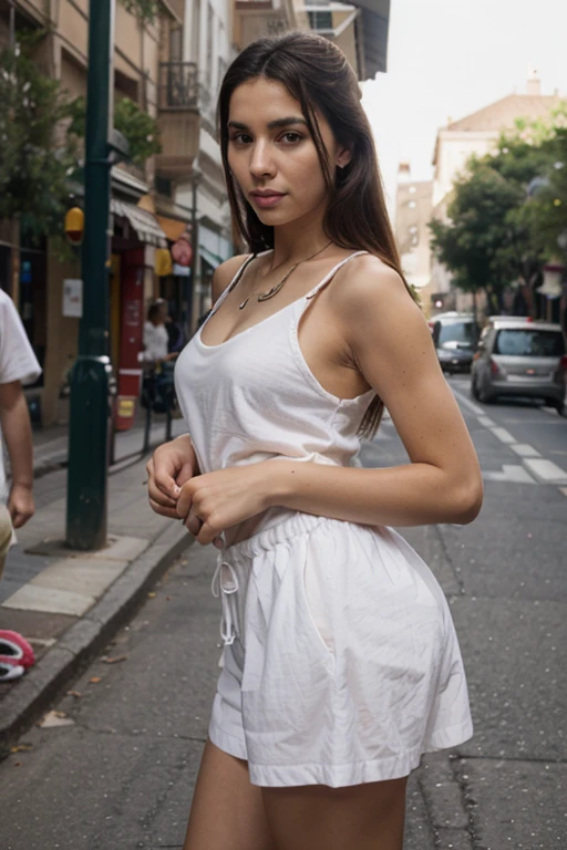 Tan skin Latina brunette wavy long hair girl with sharp jaw line wearing sporty dress in barcelona