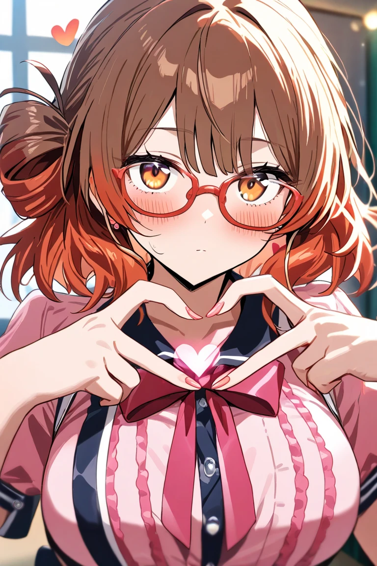 pink hair, blunt bangs, bangs, ponytail, twintails, short ponytail, sidelocks, heart ahoge, hairpin, hair ribbon, hairclip, hair ornament, hair bow, bespectacled, hair scrunchie, heart hair ornament, bow hairband, pink hairband, heart-shaped pupils, mismatched pupils, one eye closed, sparkling eyes, cheek pinching, cheek pinching, facing another, excited, nose blush, naughty, interior architecture, anime, Minimalism, anime style, depth of field, backlighting, ray tracing, 16k, highres, best quality, high quality, high details, super detail, masterpiece